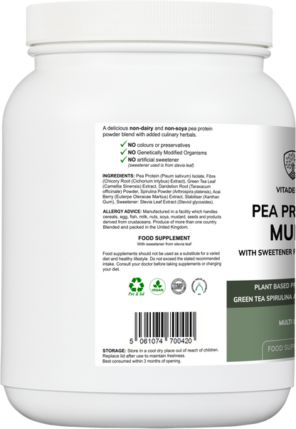 Vitadefence® Pea Protein Multi | Plant-Based Protein Powder with Green Tea, Spirulina, Açai & Dandelion – 500 g