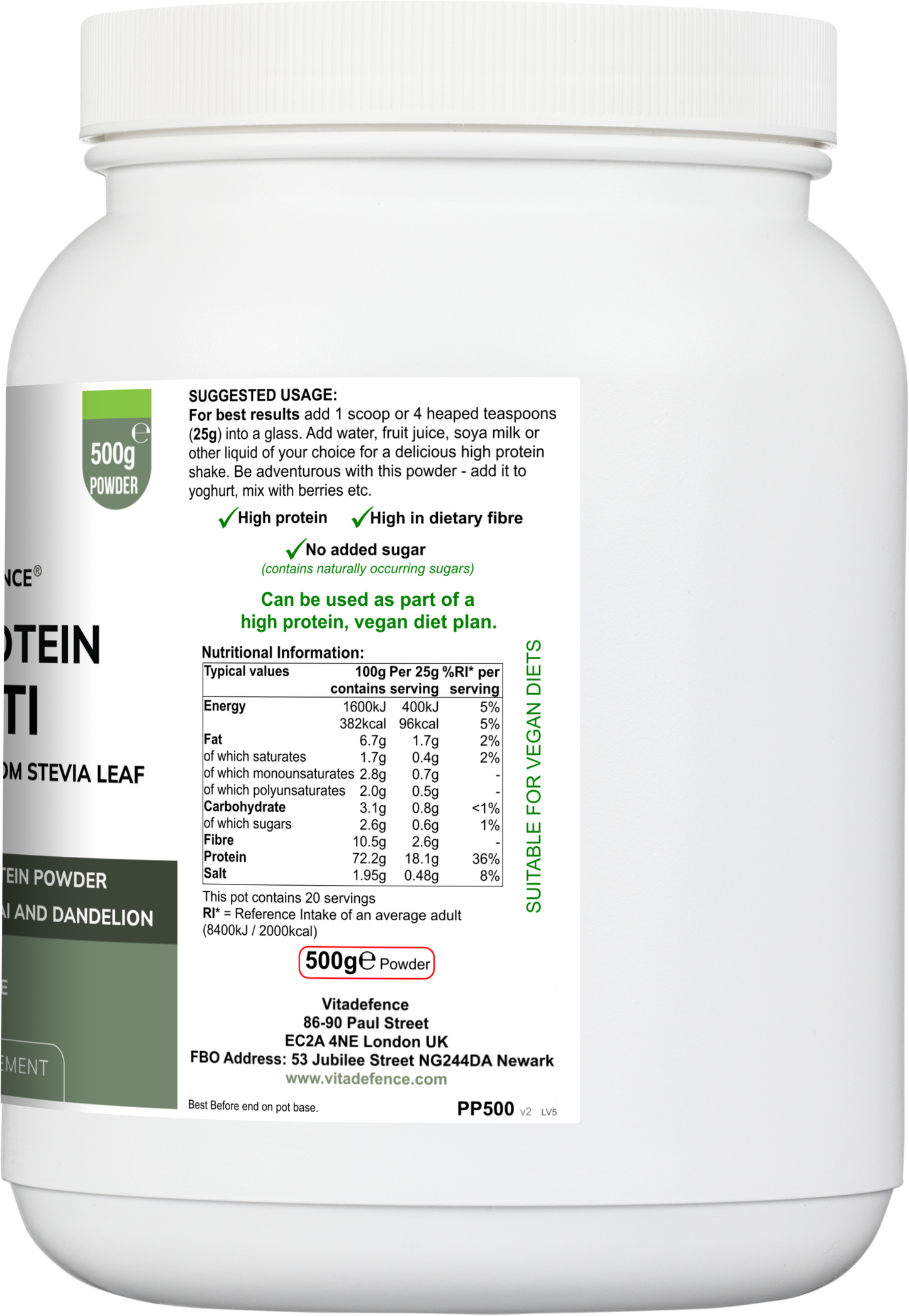 Vitadefence® Pea Protein Multi | Plant-Based Protein Powder with Green Tea, Spirulina, Açai & Dandelion – 500 g