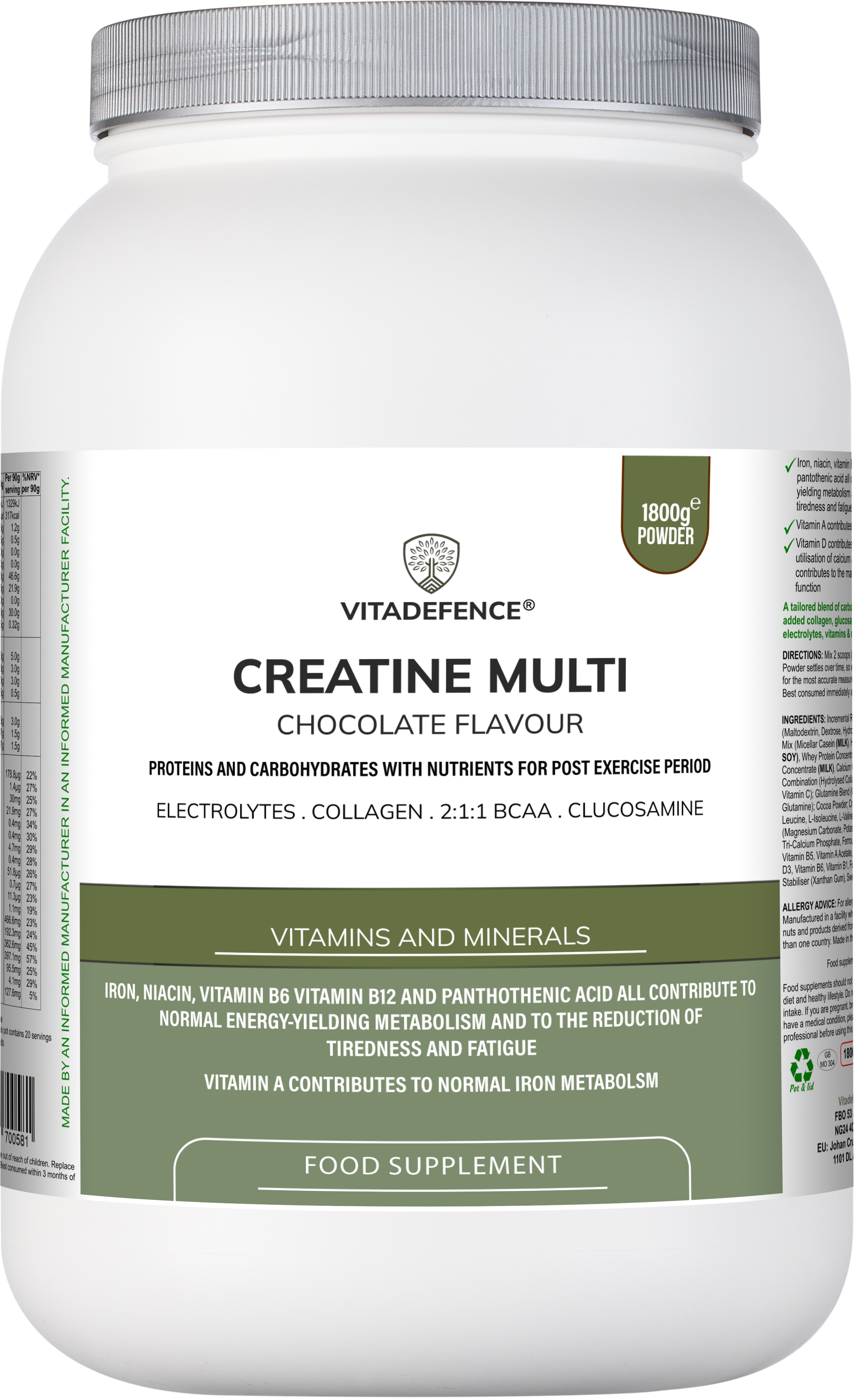Vitadefence® Creatine Multi | Chocolate Flavour Recovery Shake with BCAA, Collagen, Electrolytes, Vitamins & Minerals – 1.8 kg