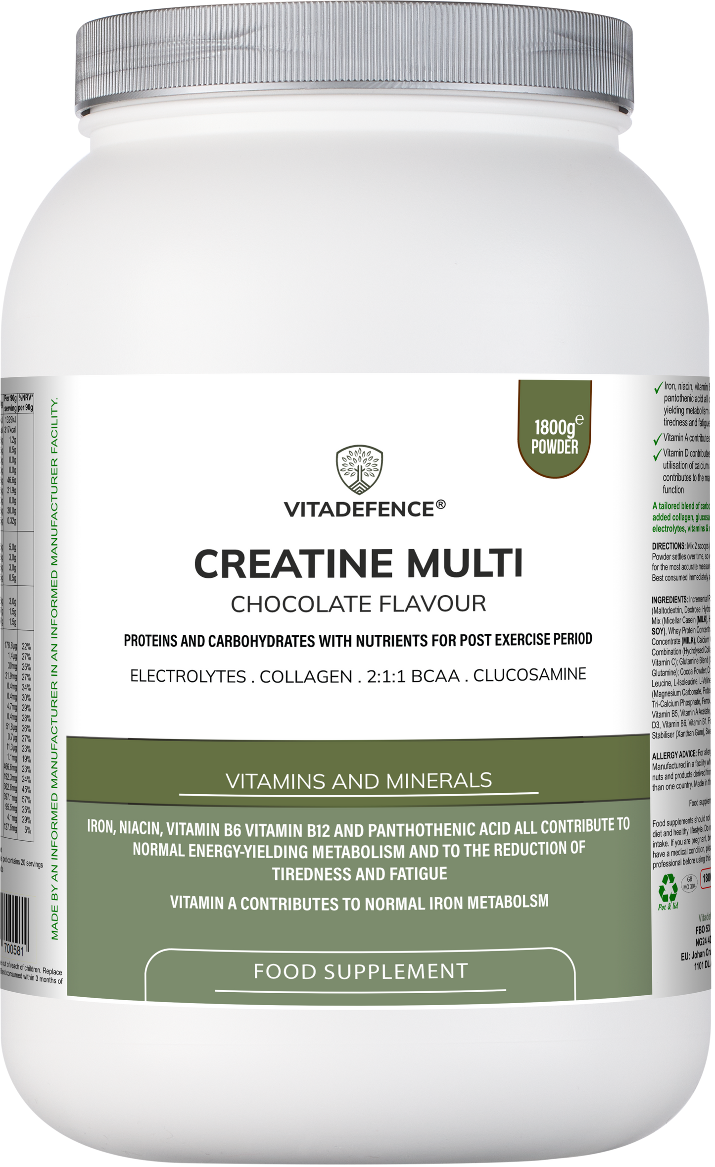 Vitadefence® Creatine Multi | Chocolate Flavour Recovery Shake with BCAA, Collagen, Electrolytes, Vitamins & Minerals – 1.8 kg