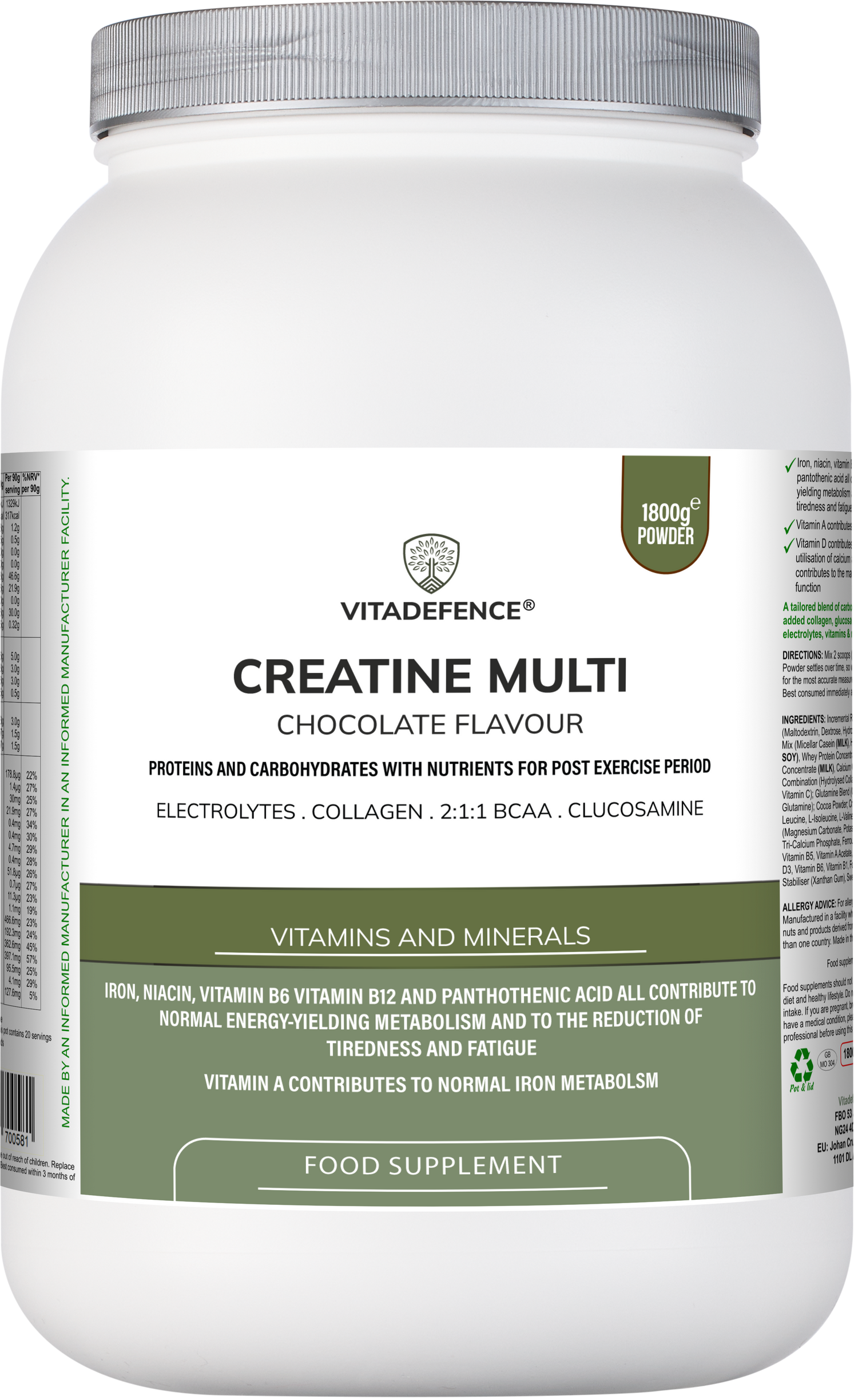 Vitadefence® Creatine Multi | Chocolate Flavour Recovery Shake with BCAA, Collagen, Electrolytes, Vitamins & Minerals – 1.8 kg
