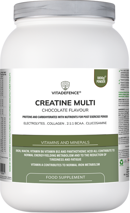Vitadefence® Creatine Multi | Chocolate Flavour Recovery Shake with BCAA, Collagen, Electrolytes, Vitamins & Minerals – 1.8 kg