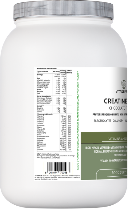 Vitadefence® Creatine Multi | Chocolate Flavour Recovery Shake with BCAA, Collagen, Electrolytes, Vitamins & Minerals – 1.8 kg