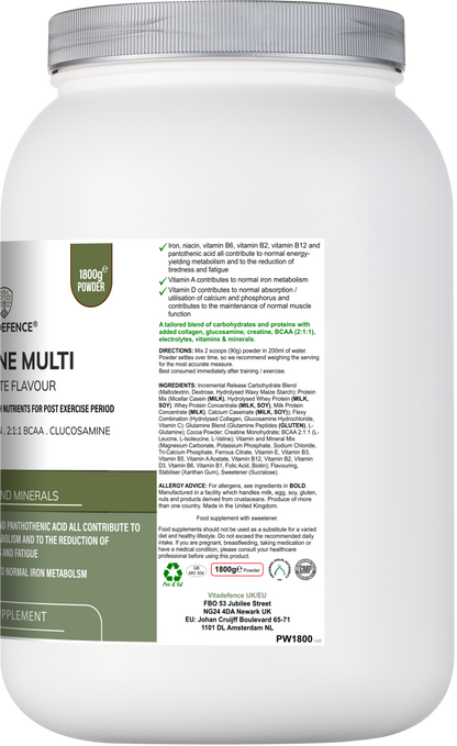 Vitadefence® Creatine Multi | Chocolate Flavour Recovery Shake with BCAA, Collagen, Electrolytes, Vitamins & Minerals – 1.8 kg