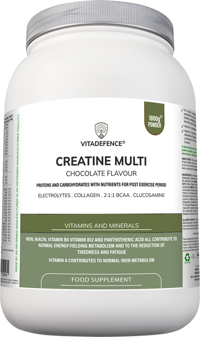 Vitadefence® Creatine Multi | Chocolate Flavour Recovery Shake with BCAA, Collagen, Electrolytes, Vitamins & Minerals – 1.8 kg