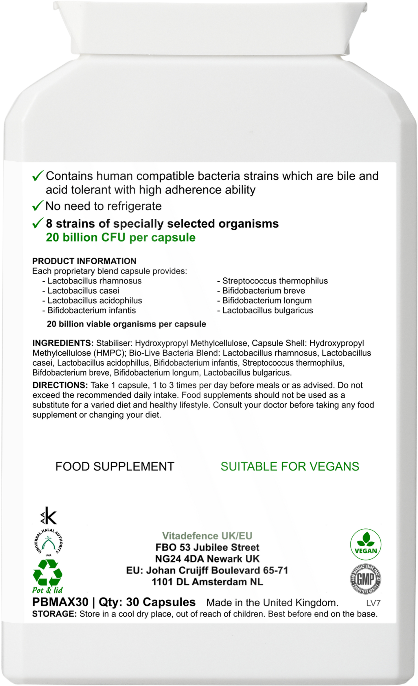 Vitadefence® Live Cultures Max | 8-Strain Formula, 20 Billion CFU – 30 Capsules