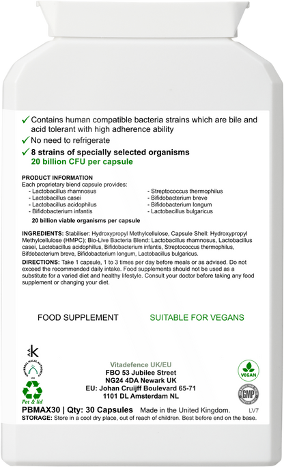 Vitadefence® Live Cultures Max | 8-Strain Formula, 20 Billion CFU – 30 Capsules