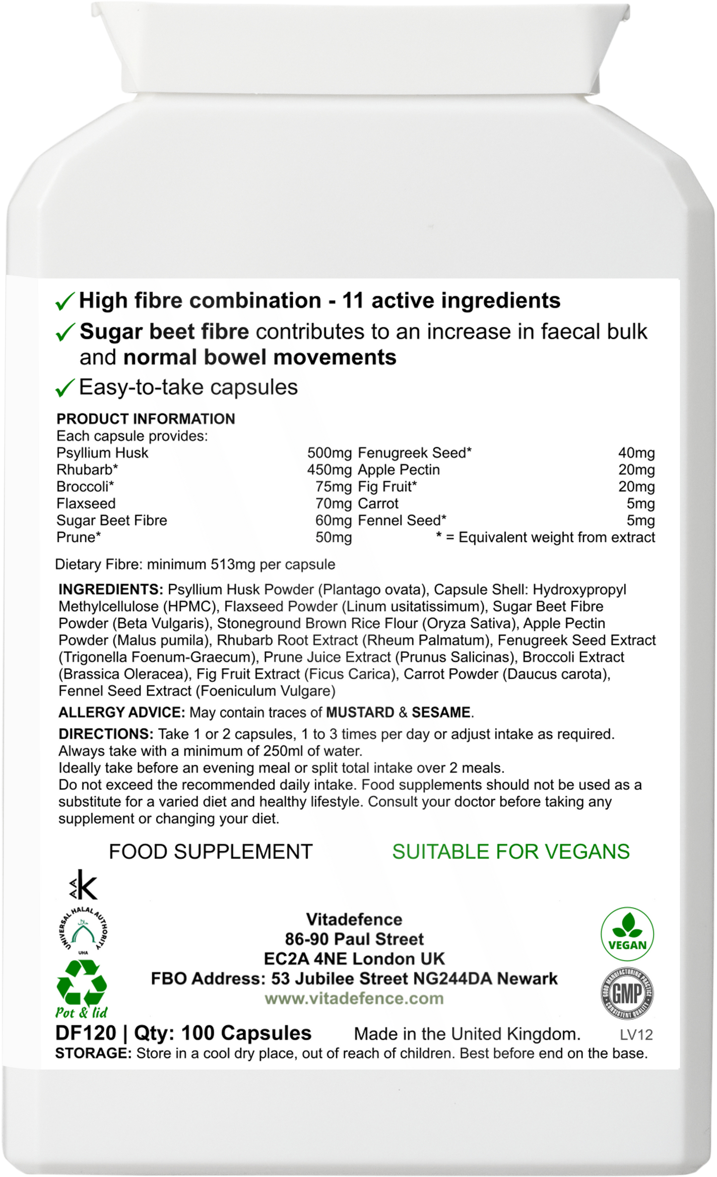 Vitadefence® Psyllium Husk Multi | High-Fibre Botanical Blend – 100 Capsules