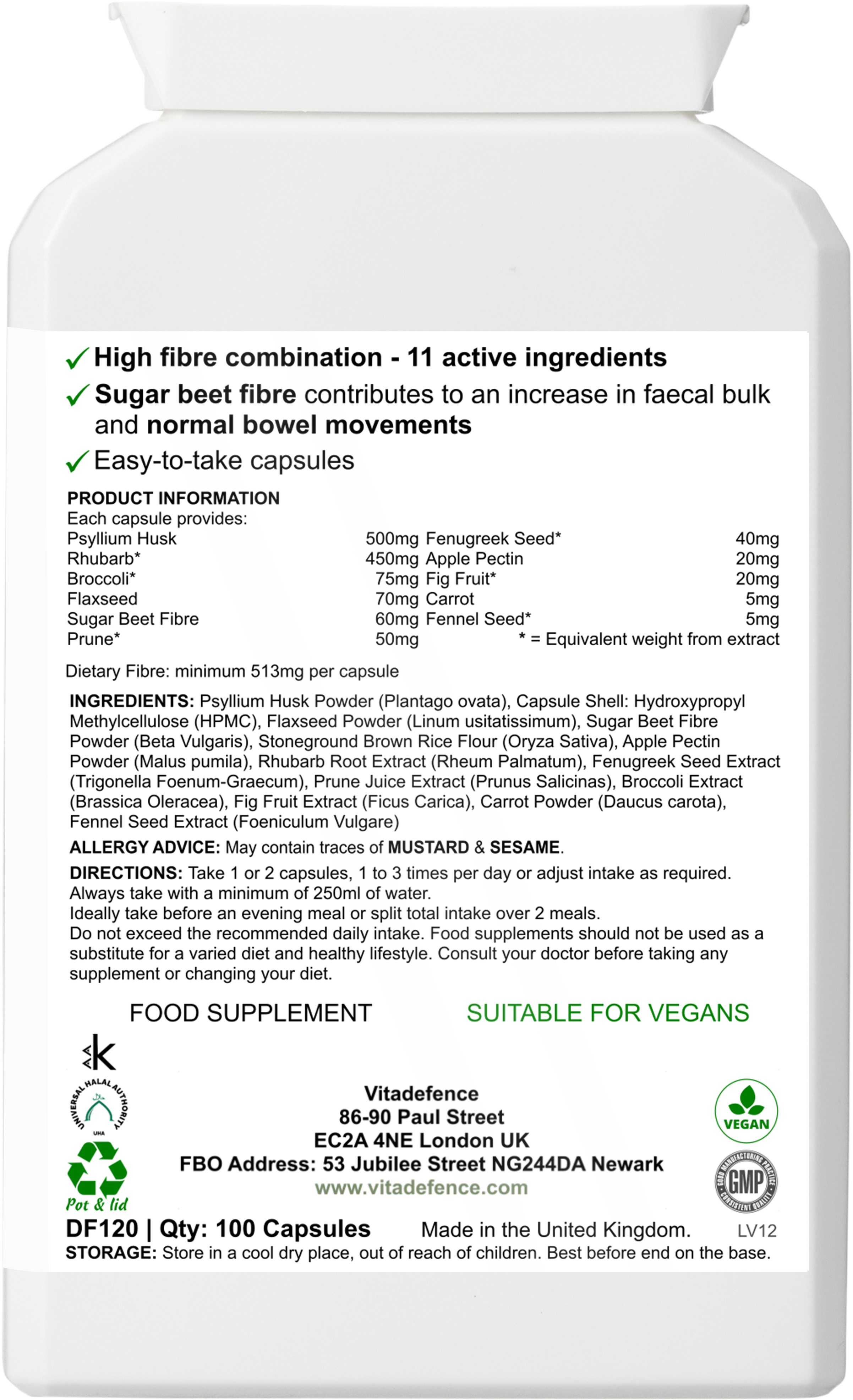 Psyllium Husk Multi – High Fibre Blend with Botanicals | 100 Capsules | Vitadefence®