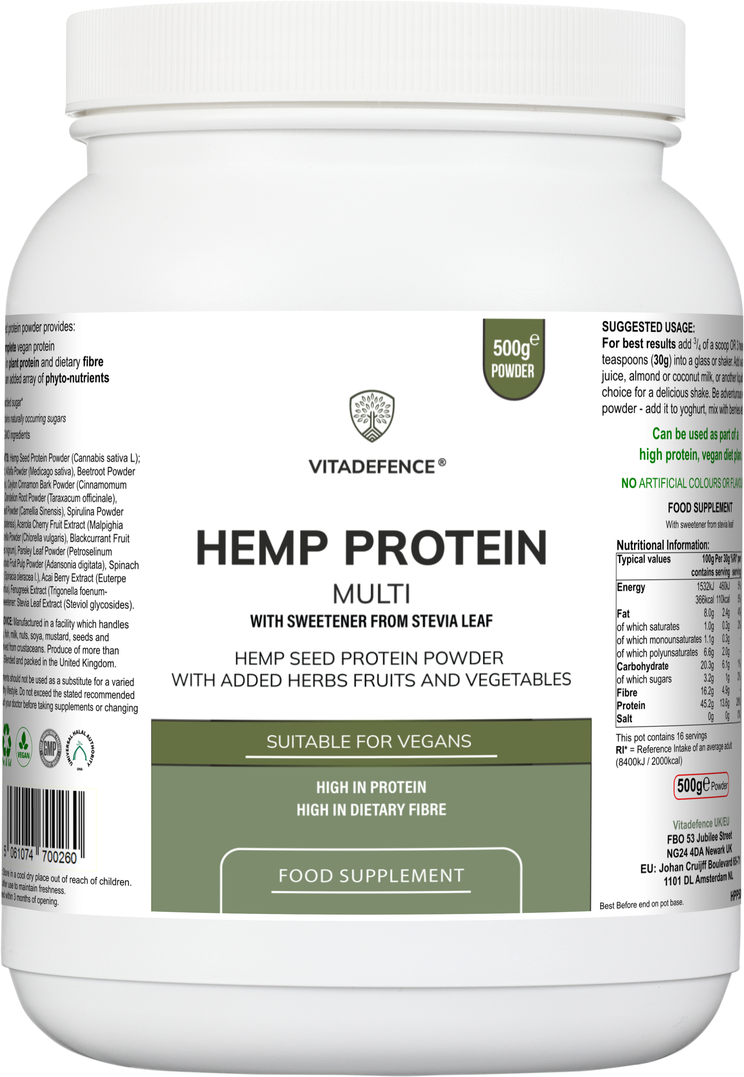 Vitadefence® Hemp Protein Multi | Plant-Based Protein Powder with Fruits, Herbs & Vegetables – 500 g