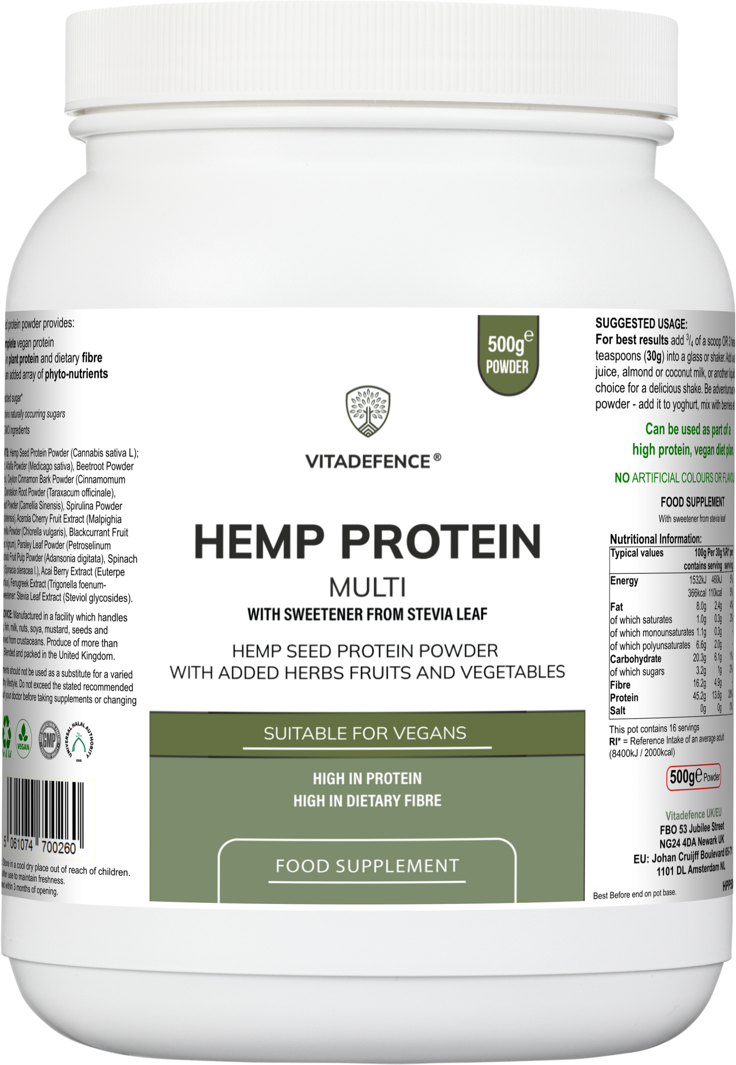 Vitadefence® Hemp Protein Multi | Plant-Based Protein Powder with Fruits, Herbs & Vegetables – 500 g