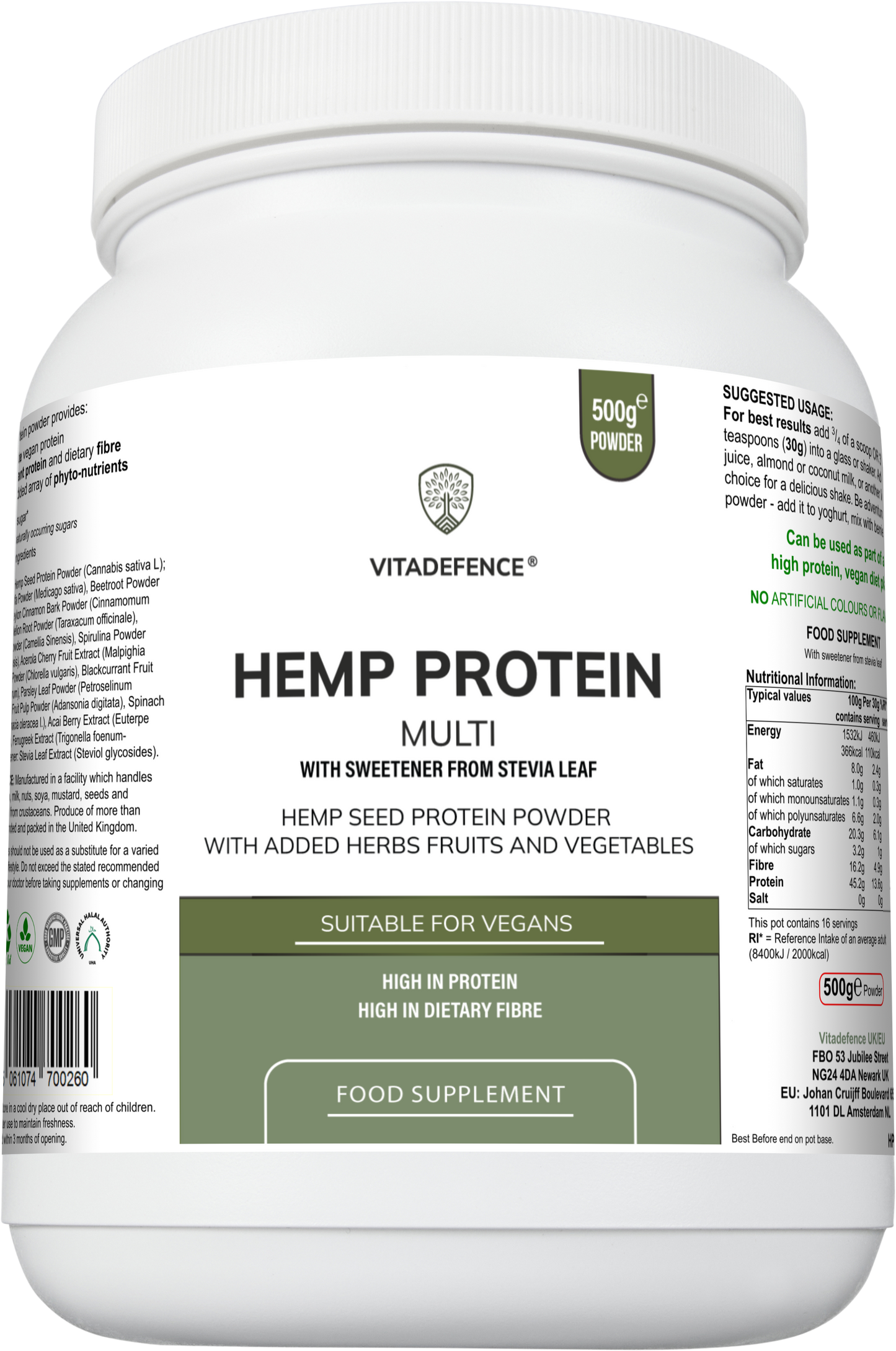 Vitadefence® Hemp Protein Multi | Plant-Based Protein Powder with Fruits, Herbs & Vegetables – 500 g