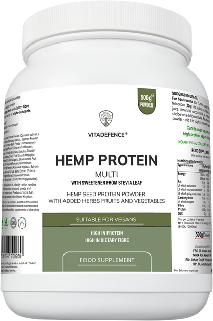 Vitadefence® Hemp Protein Multi | Plant-Based Protein Powder with Fruits, Herbs & Vegetables – 500 g