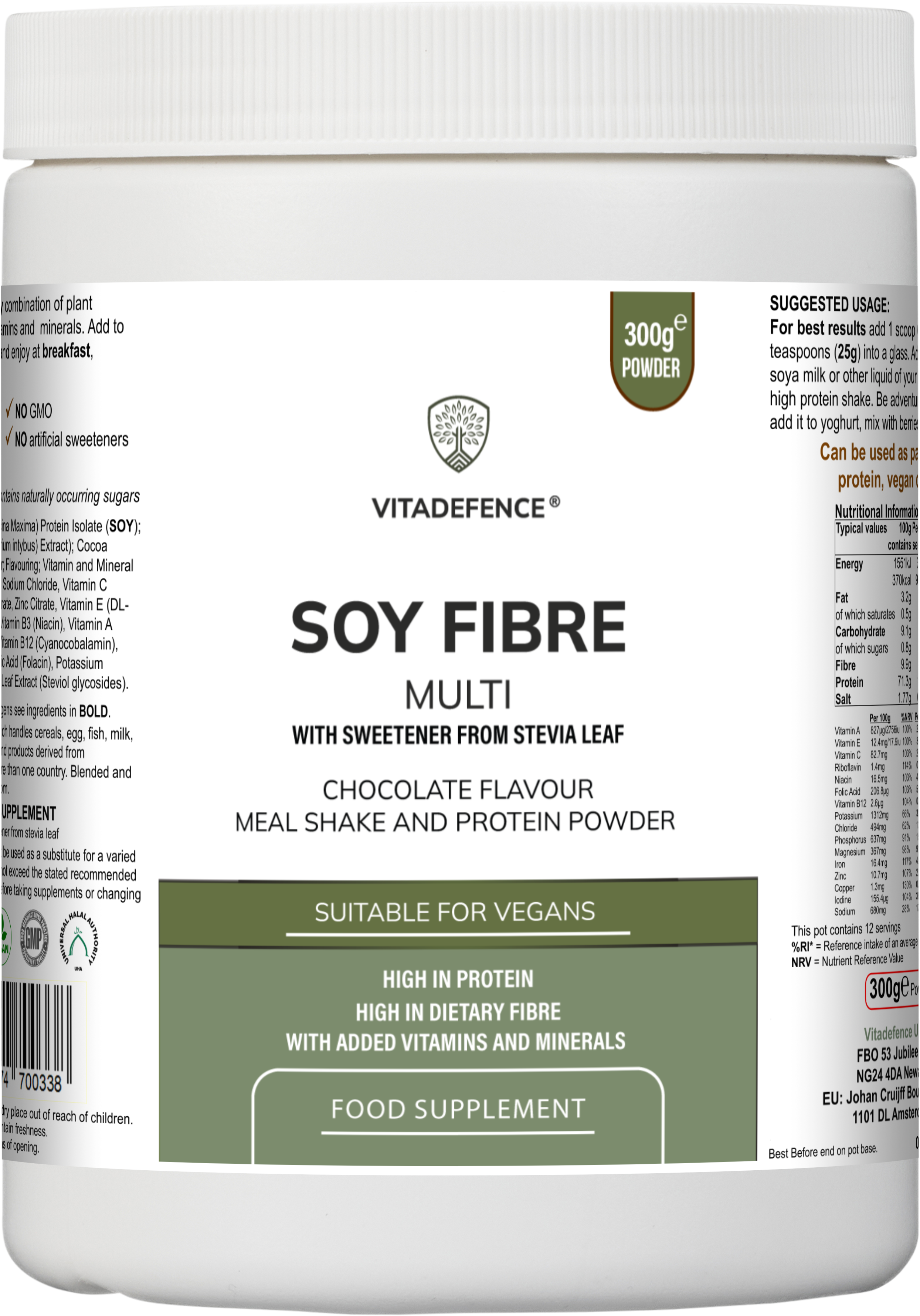 Vitadefence® Soy Fibre Multi | Chocolate Flavour Protein Powder with Vitamins & Minerals – 300 g