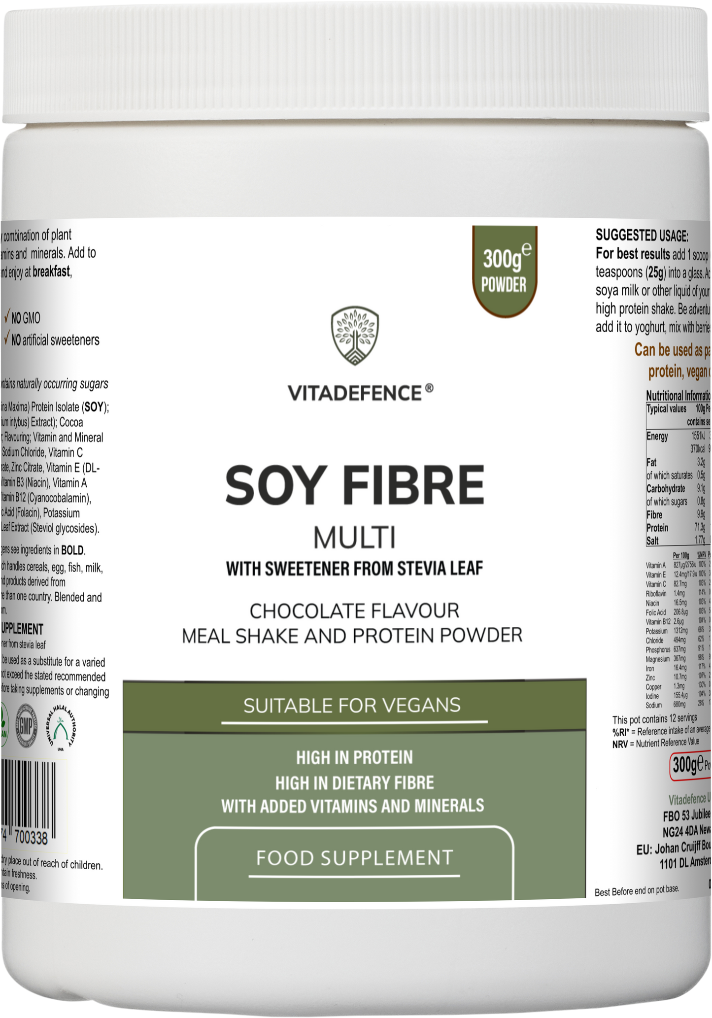 Vitadefence® Soy Fibre Multi | Chocolate Flavour Protein Powder with Vitamins & Minerals – 300 g