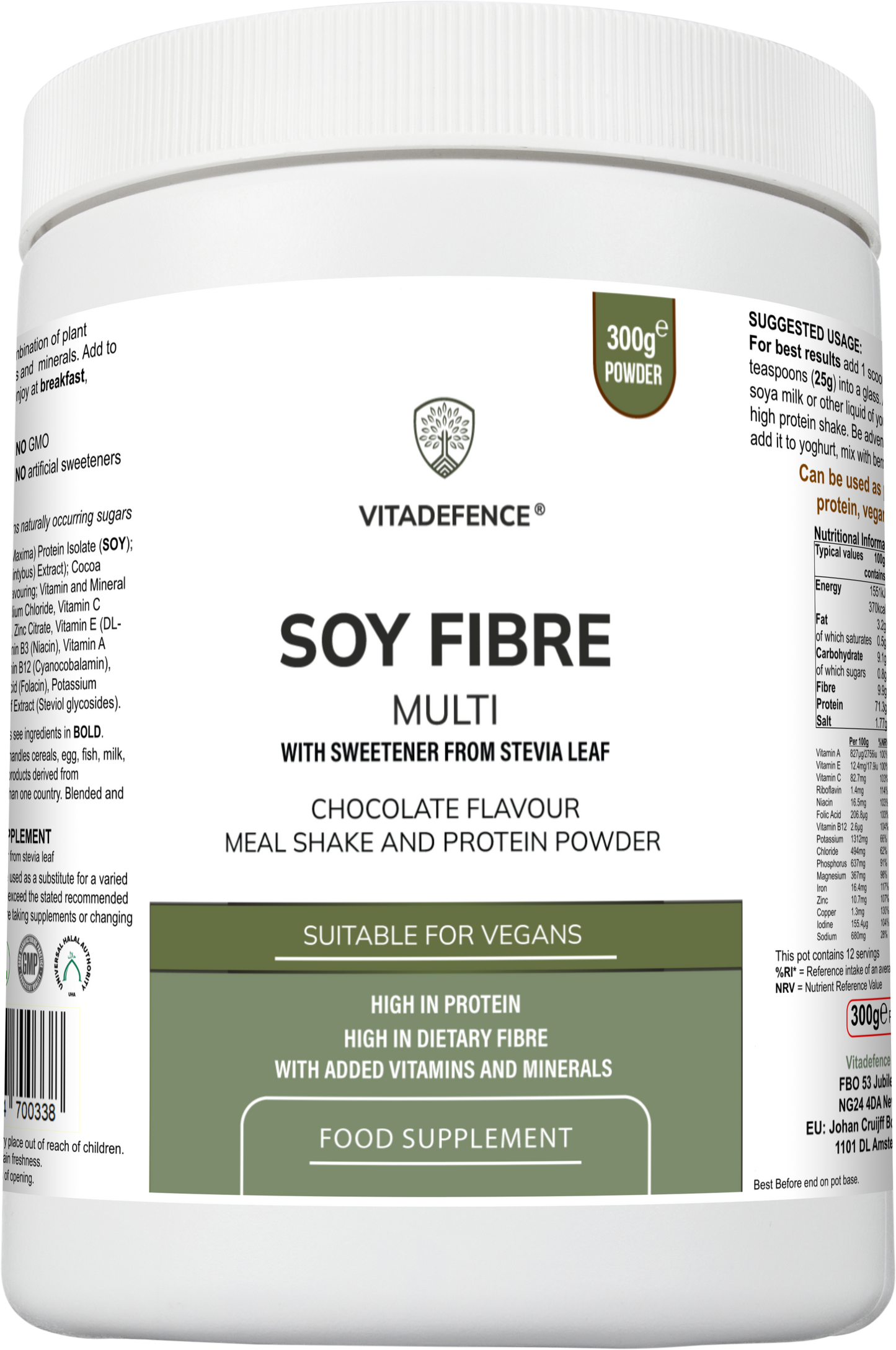 Vitadefence® Soy Fibre Multi | Chocolate Flavour Protein Powder with Vitamins & Minerals – 300 g