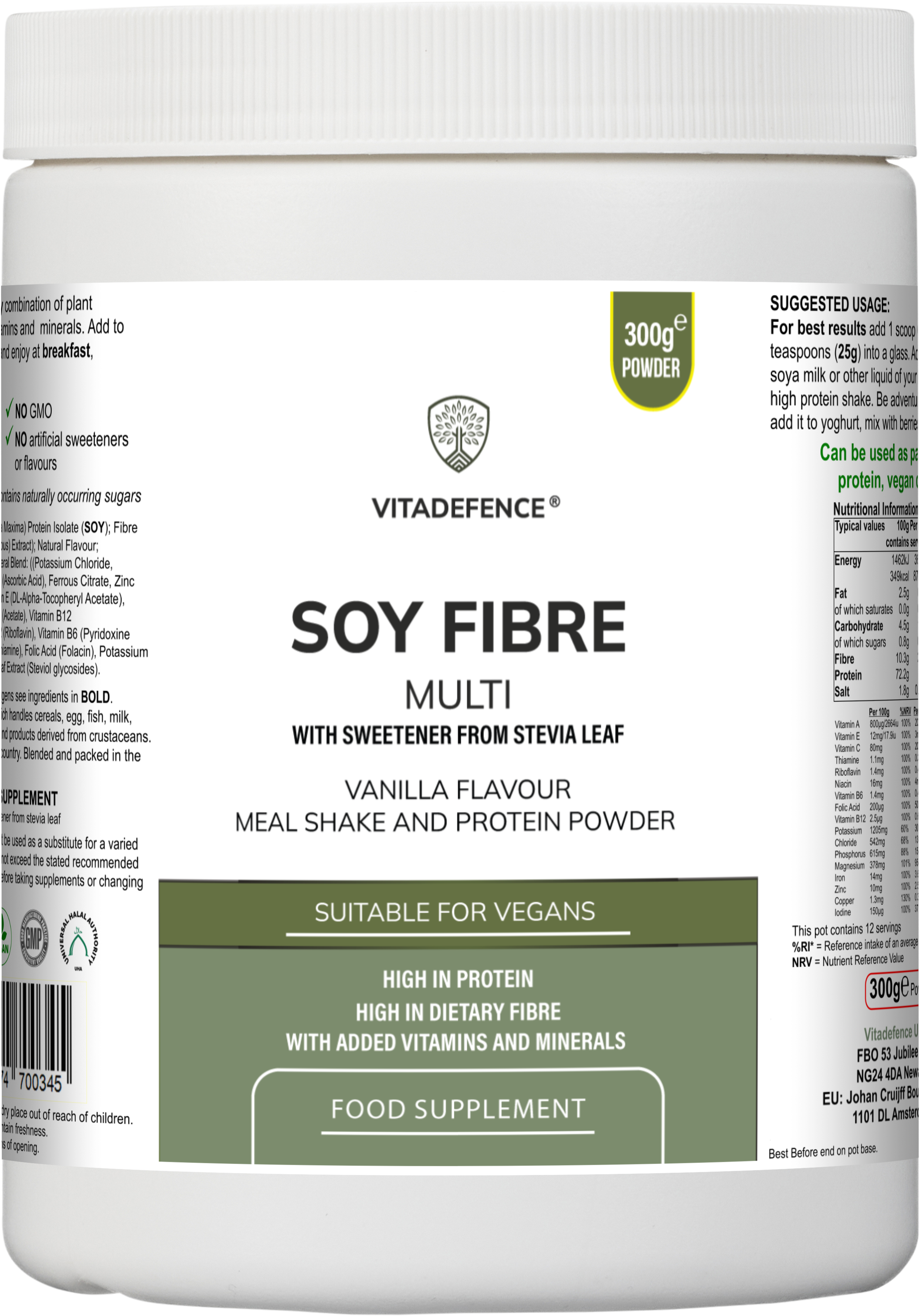 Vitadefence® Soy Fibre Multi | Vanilla Flavour Protein Powder with Vitamins & Minerals – 300 g