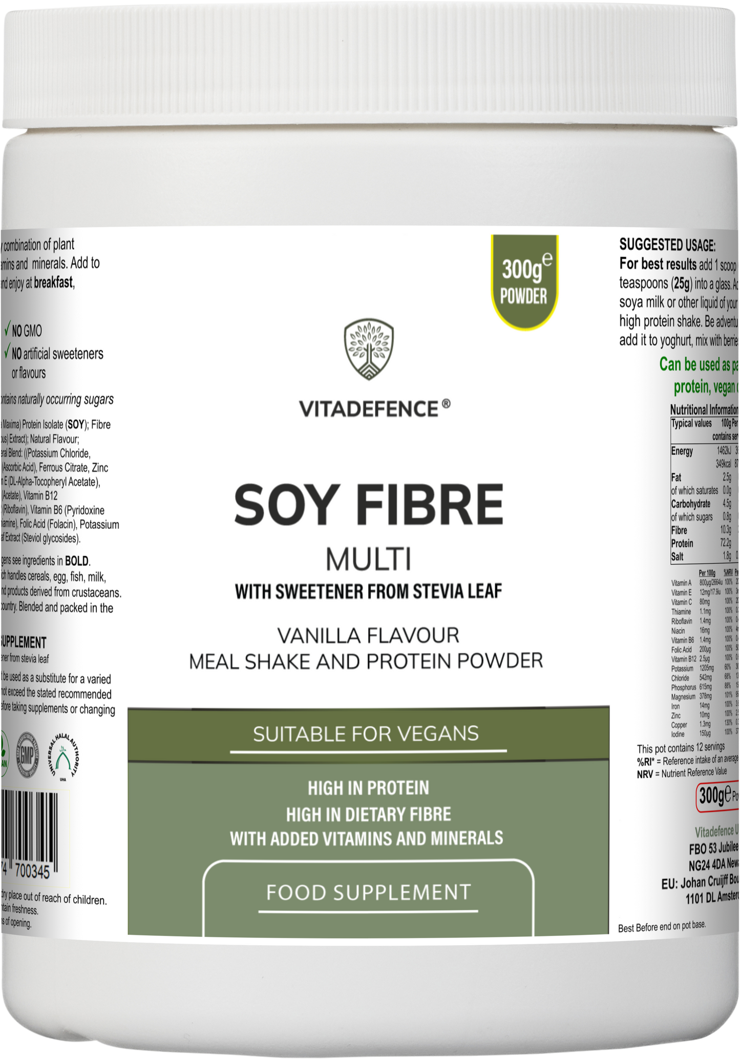 Vitadefence® Soy Fibre Multi | Vanilla Flavour Protein Powder with Vitamins & Minerals – 300 g