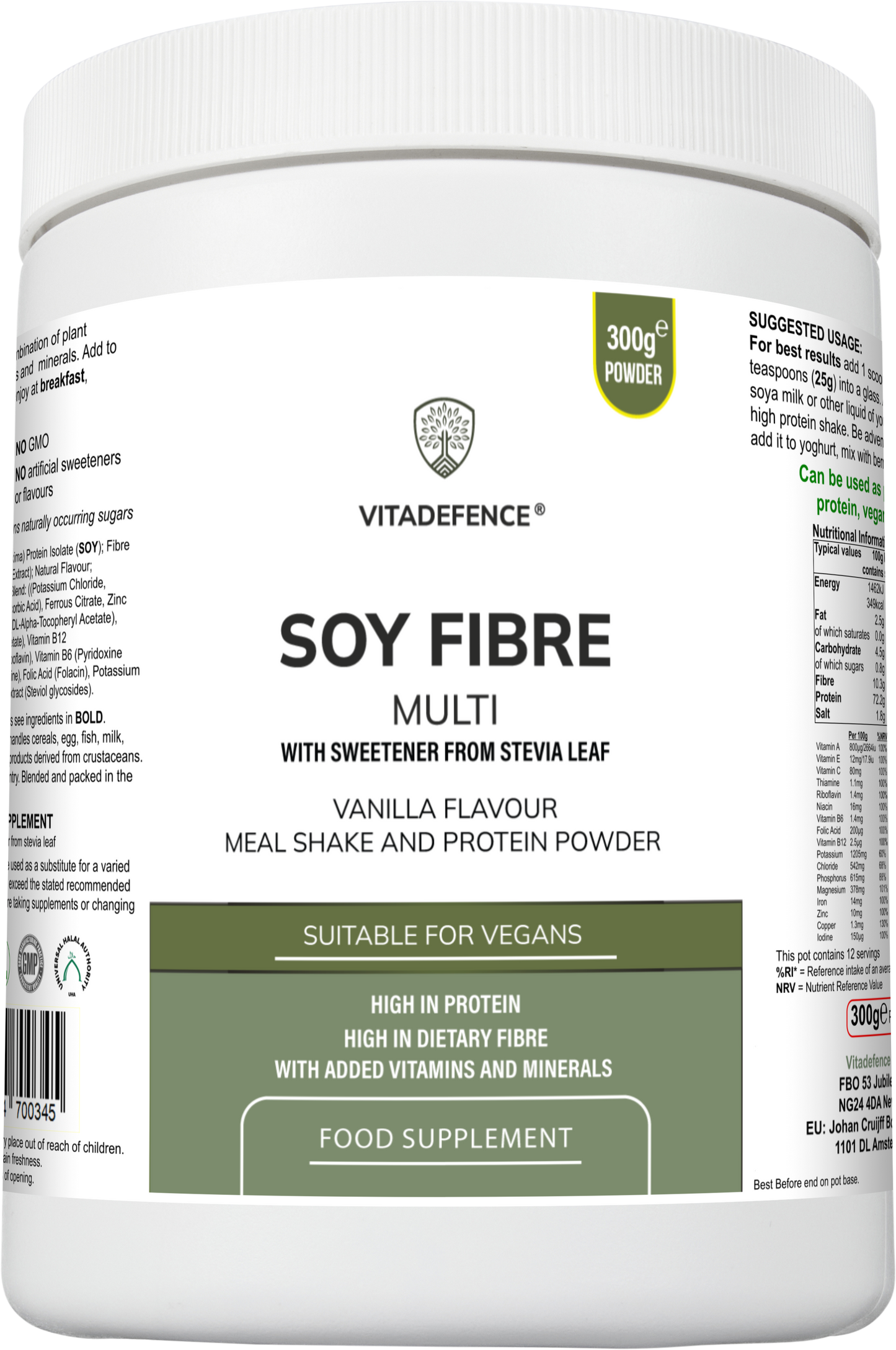 Vitadefence® Soy Fibre Multi | Vanilla Flavour Protein Powder with Vitamins & Minerals – 300 g