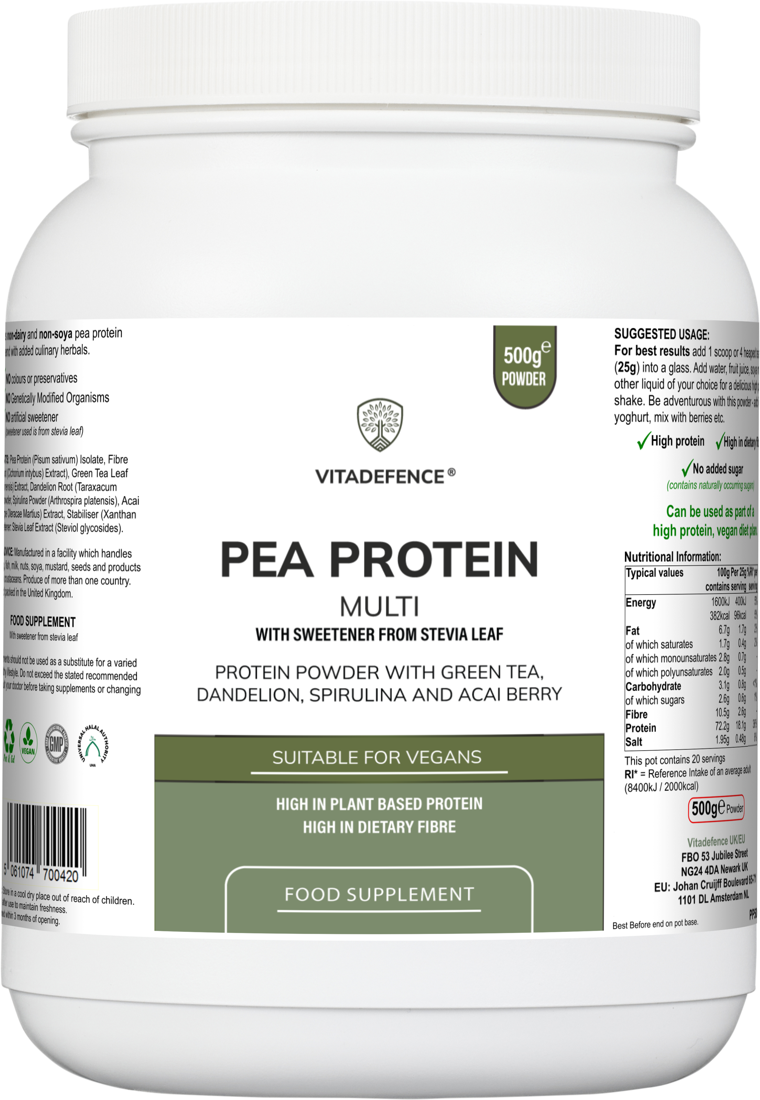 Vitadefence® Pea Protein Multi | Plant-Based Protein Powder with Green Tea, Spirulina, Açai & Dandelion – 500 g