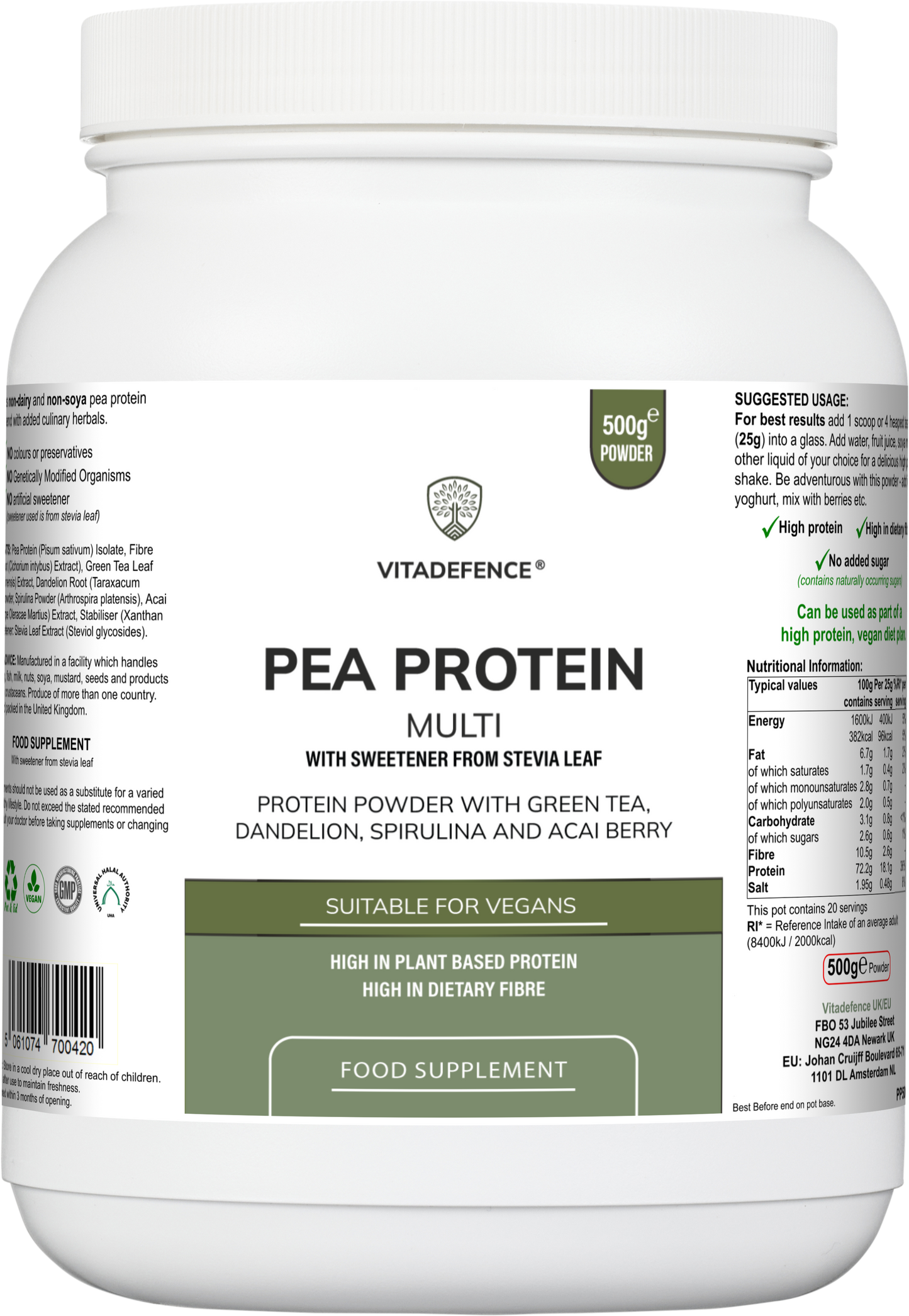 Vitadefence® Pea Protein Multi | Plant-Based Protein Powder with Green Tea, Spirulina, Açai & Dandelion – 500 g