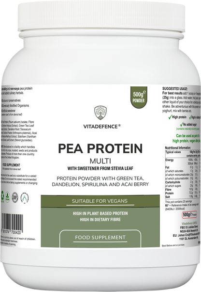 Vitadefence® Pea Protein Multi | Plant-Based Protein Powder with Green Tea, Spirulina, Açai & Dandelion – 500 g