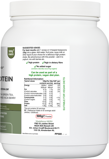 Vitadefence® Pea Protein Multi | Plant-Based Protein Powder with Green Tea, Spirulina, Açai & Dandelion – 500 g