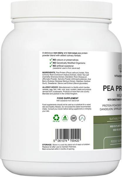 Vitadefence® Pea Protein Multi | Plant-Based Protein Powder with Green Tea, Spirulina, Açai & Dandelion – 500 g