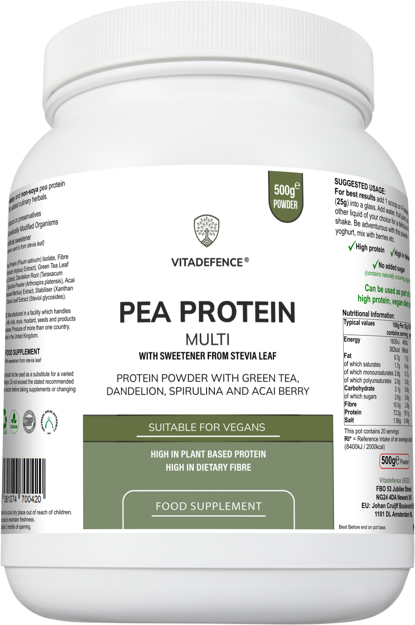 Vitadefence® Pea Protein Multi | Plant-Based Protein Powder with Green Tea, Spirulina, Açai & Dandelion – 500 g