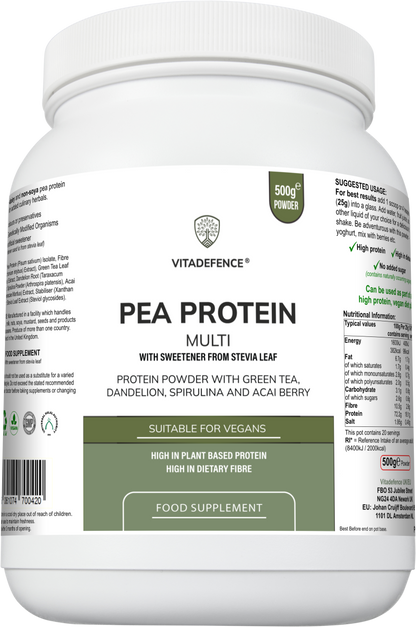 Vitadefence® Pea Protein Multi | Plant-Based Protein Powder with Green Tea, Spirulina, Açai & Dandelion – 500 g