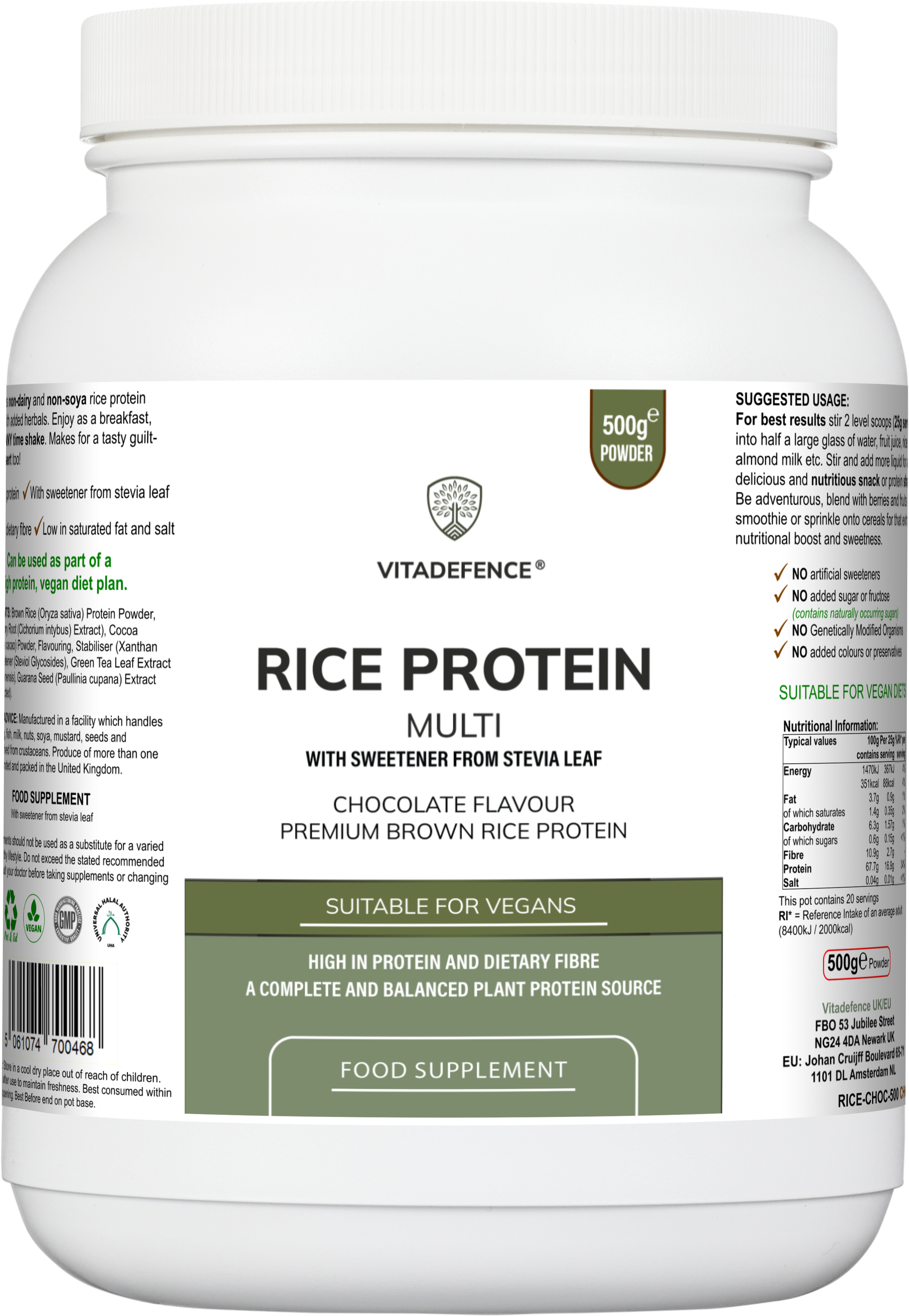 Vitadefence® Rice Protein Multi | Chocolate Flavour Powder with Green Tea & Guarana – 500 g