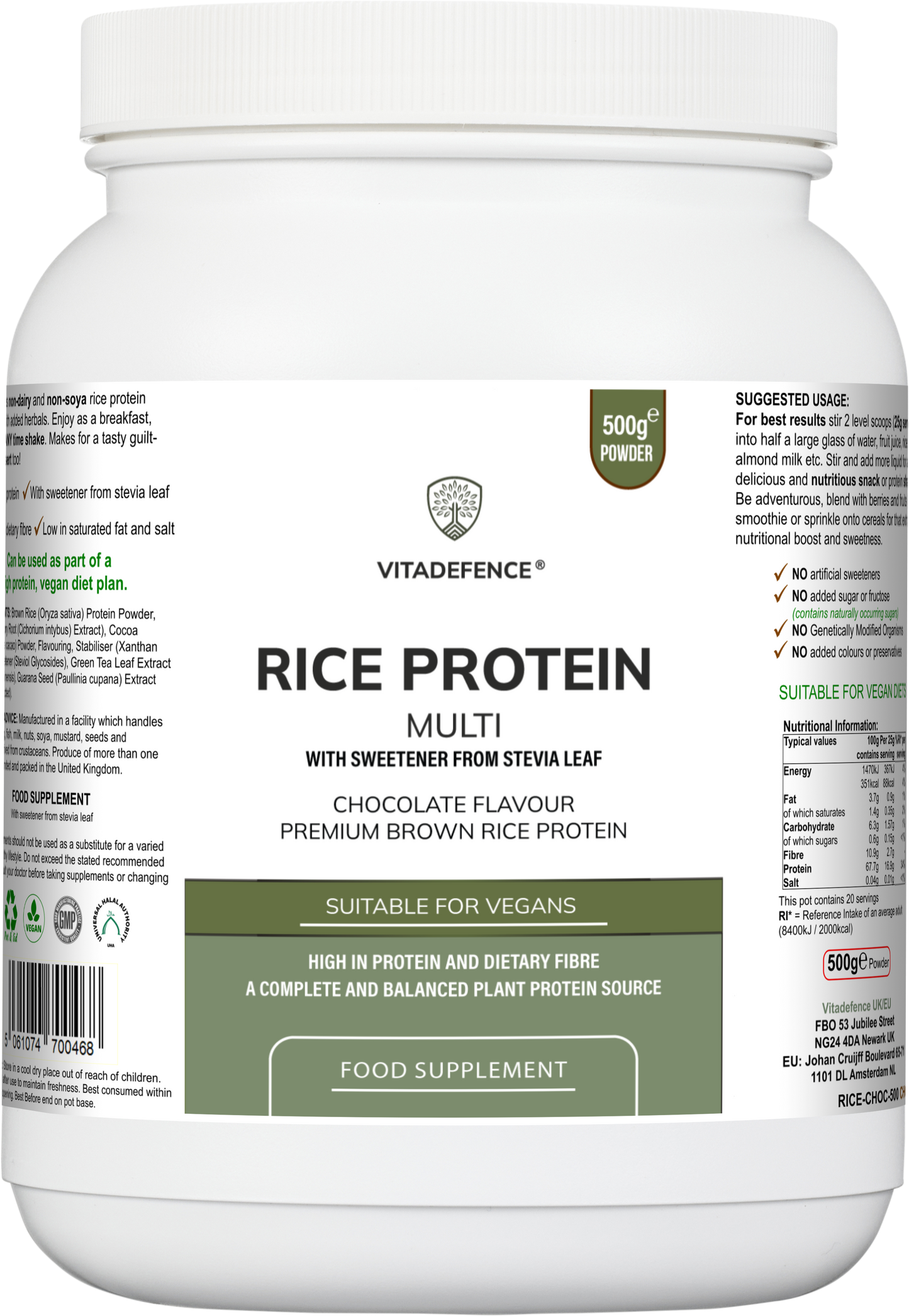 Vitadefence® Rice Protein Multi | Chocolate Flavour Powder with Green Tea & Guarana – 500 g