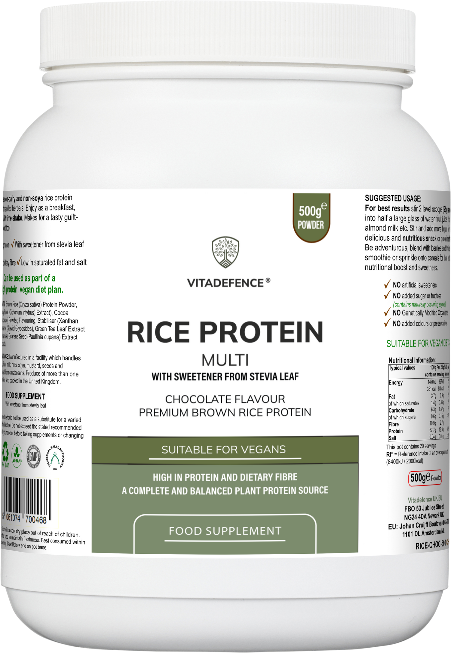 Vitadefence® Rice Protein Multi | Chocolate Flavour Powder with Green Tea & Guarana – 500 g