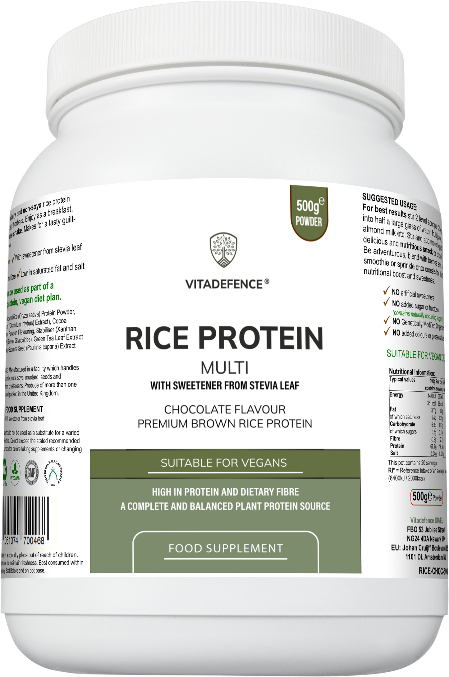 Vitadefence® Rice Protein Multi | Chocolate Flavour Powder with Green Tea & Guarana – 500 g