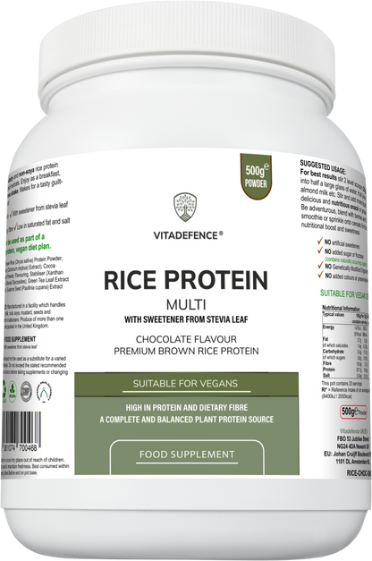 Vitadefence® Rice Protein Multi | Chocolate Flavour Powder with Green Tea & Guarana – 500 g