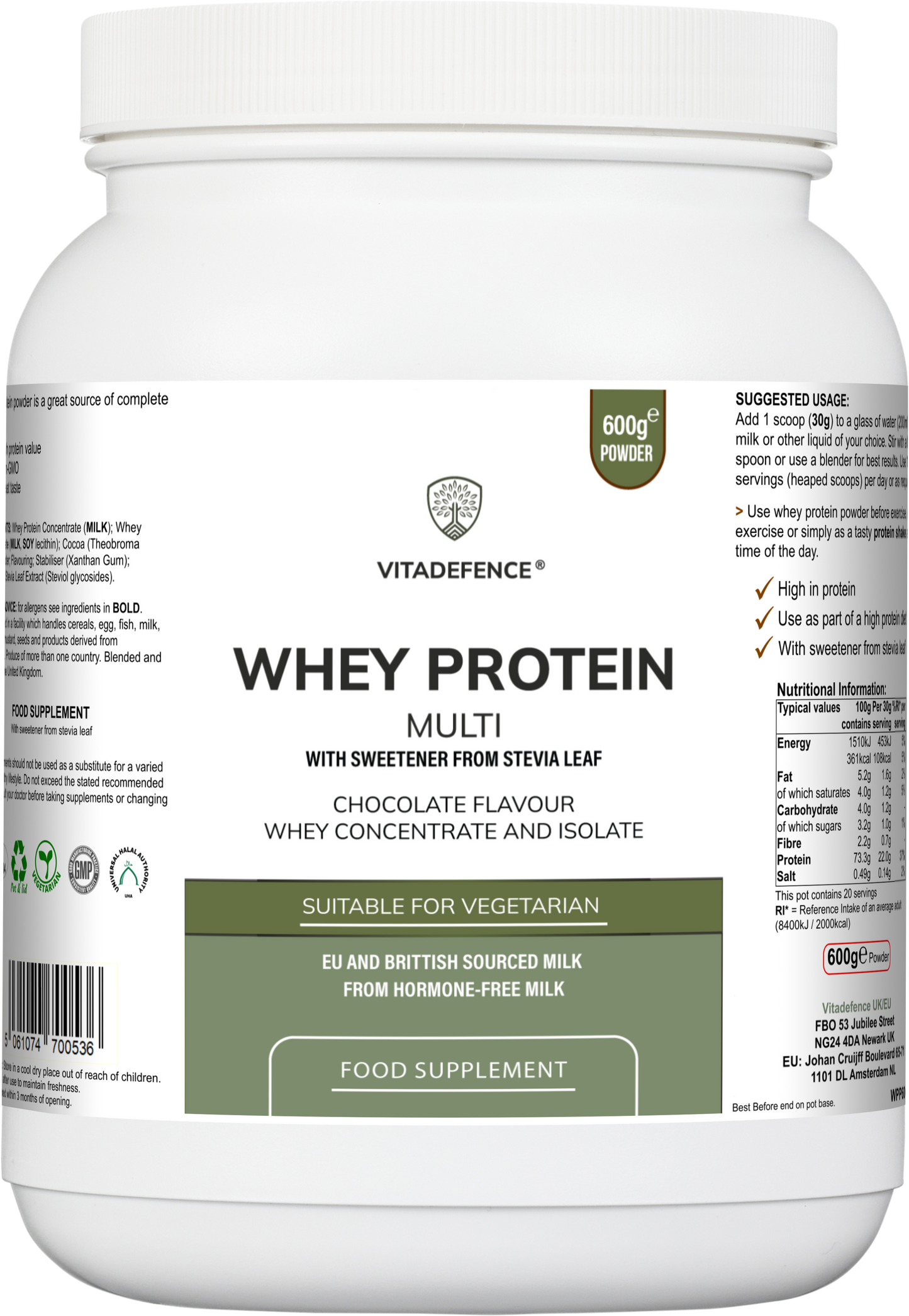Vitadefence® Whey Protein Multi | Chocolate Flavour Protein Powder with Stevia – 600 g