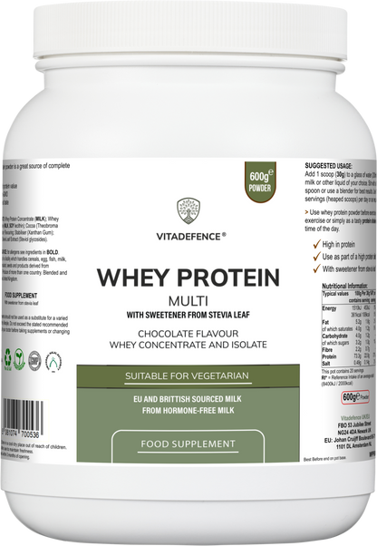 Vitadefence® Whey Protein Multi | Chocolate Flavour Protein Powder with Stevia – 600 g