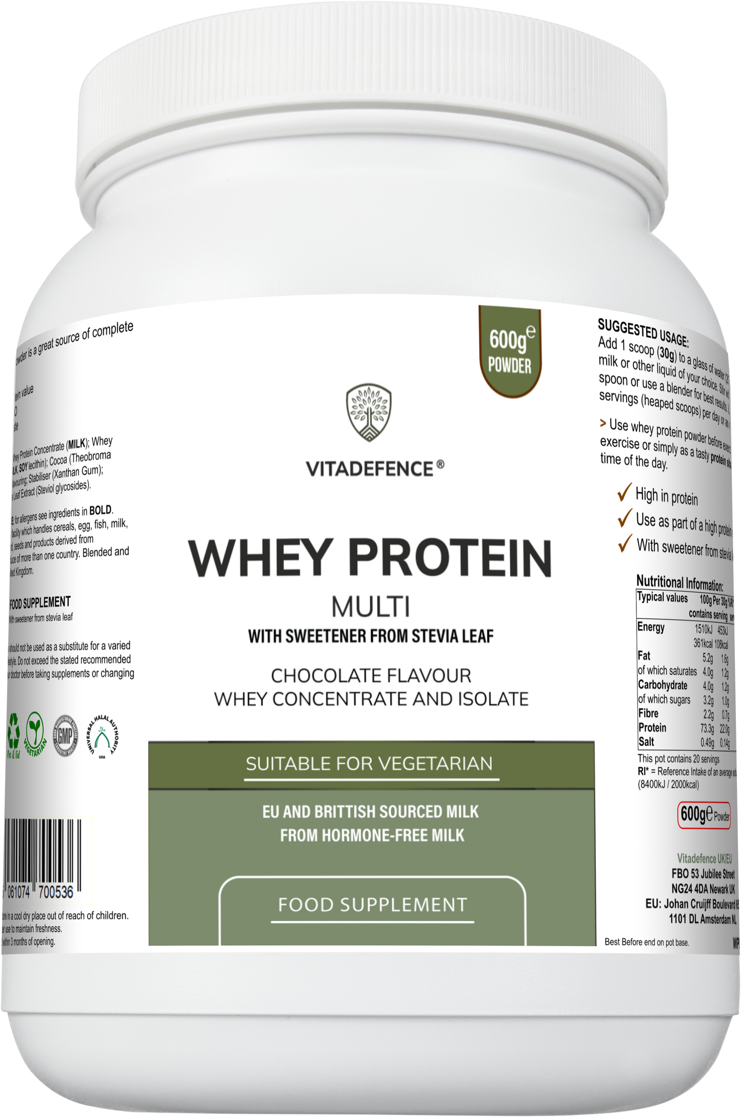 Vitadefence® Whey Protein Multi | Chocolate Flavour Protein Powder with Stevia – 600 g