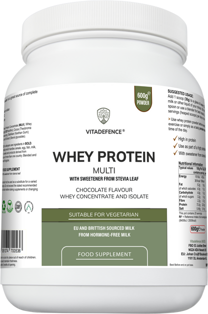 Vitadefence® Whey Protein Multi | Chocolate Flavour Protein Powder with Stevia – 600 g