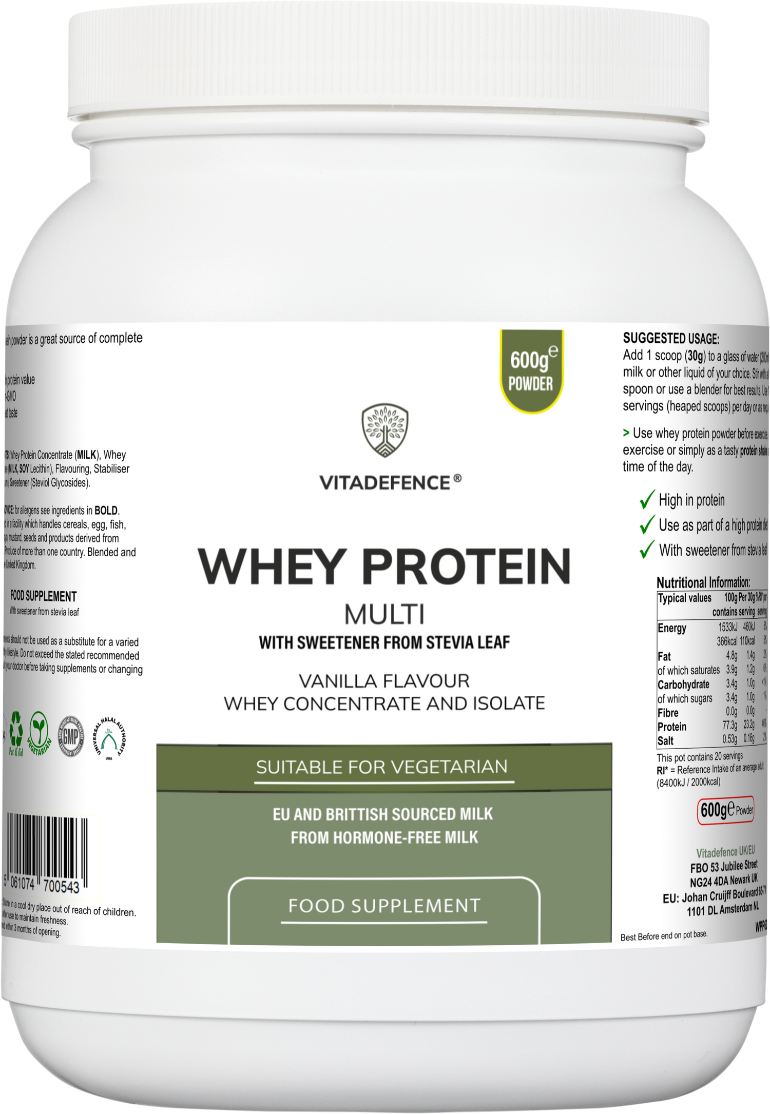 Vitadefence® Whey Protein Multi | Vanilla Flavour Protein Powder with Stevia – 600 g