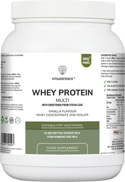 Vitadefence® Whey Protein Multi | Vanilla Flavour Protein Powder with Stevia – 600 g