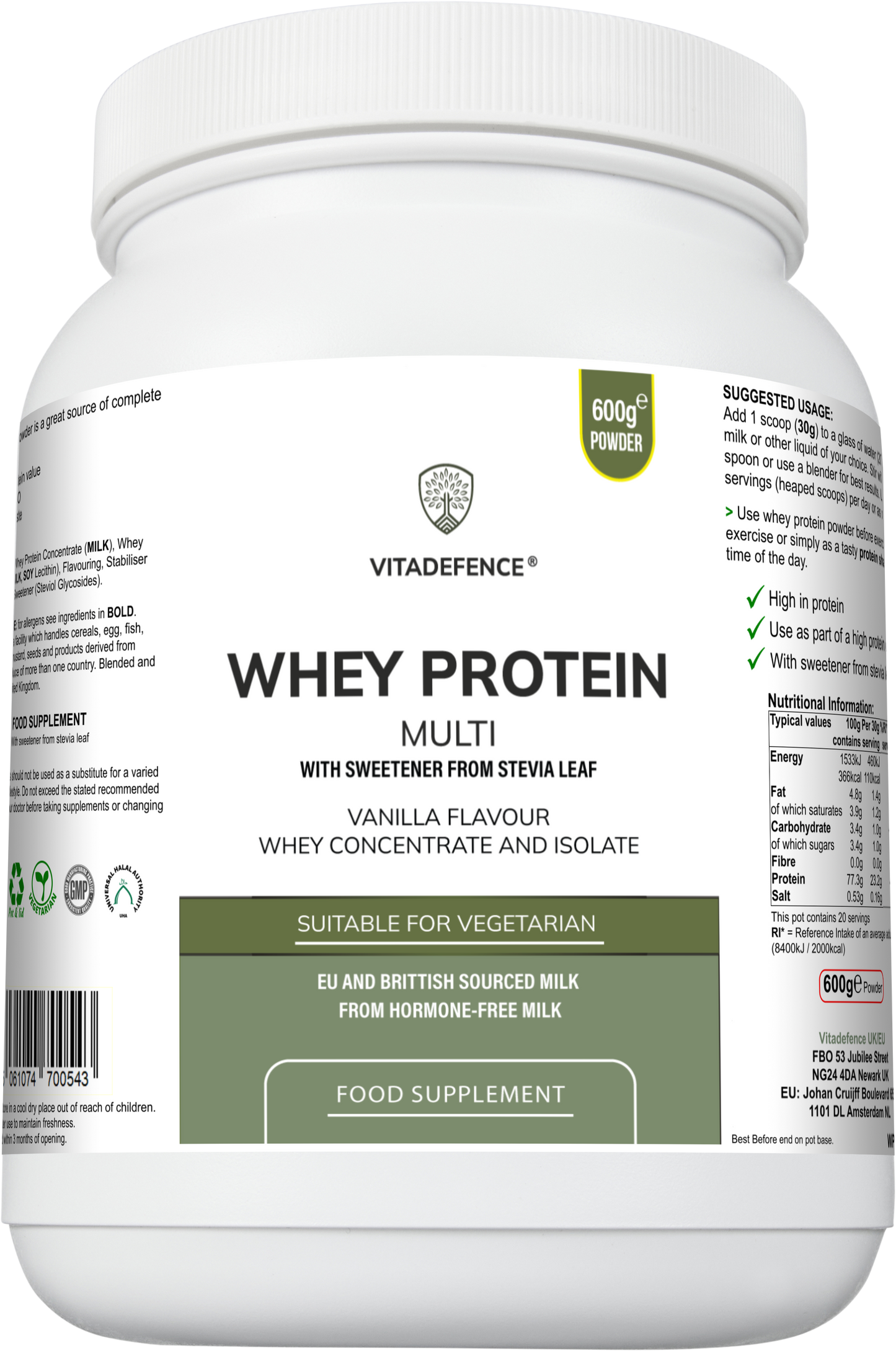 Vitadefence® Whey Protein Multi | Vanilla Flavour Protein Powder with Stevia – 600 g