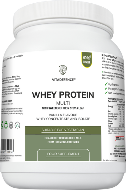 Vitadefence® Whey Protein Multi | Vanilla Flavour Protein Powder with Stevia – 600 g