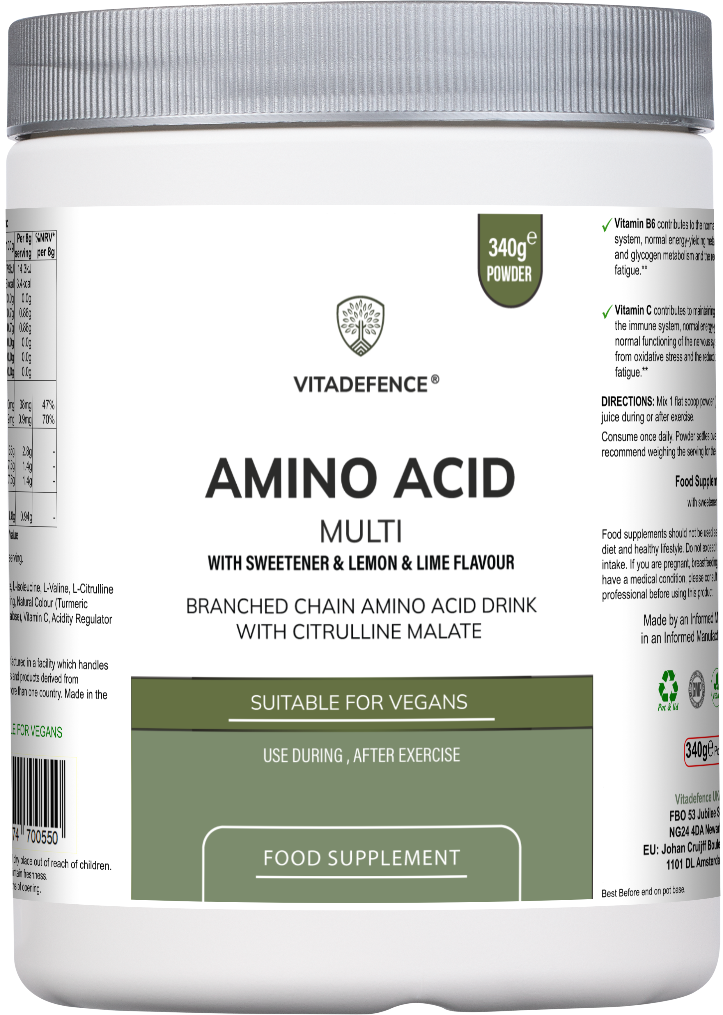 Vitadefence® Amino Acid Multi | Lemon & Lime Flavour with Citrulline Malate, BCAAs & Vitamins – 300 g