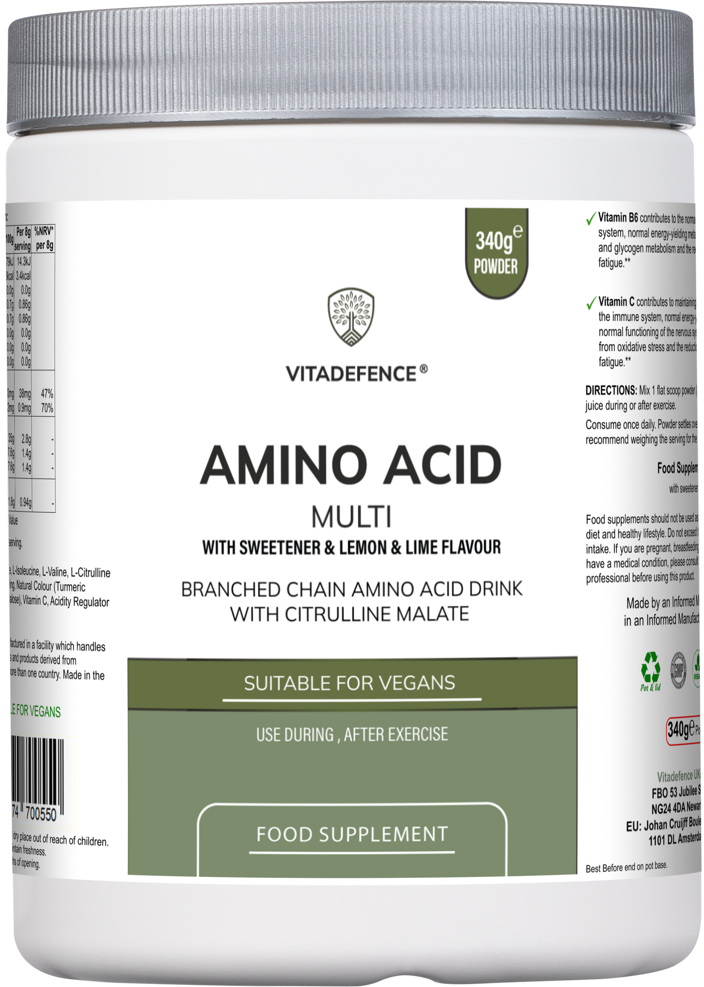 Vitadefence® Amino Acid Multi | Lemon & Lime Flavour with Citrulline Malate, BCAAs & Vitamins – 300 g