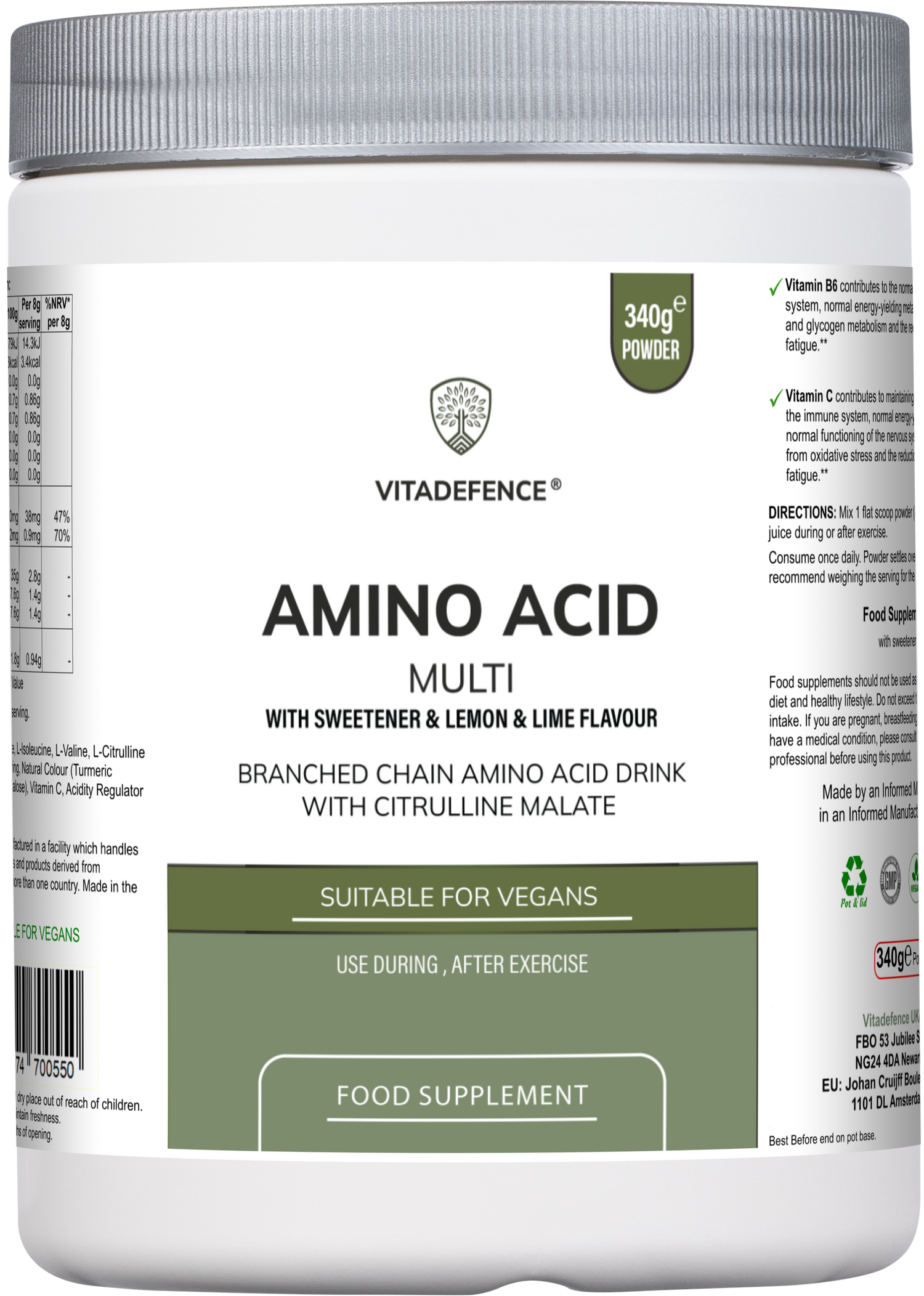 Vitadefence® Amino Acid Multi | Lemon & Lime Flavour with Citrulline Malate, BCAAs & Vitamins – 300 g