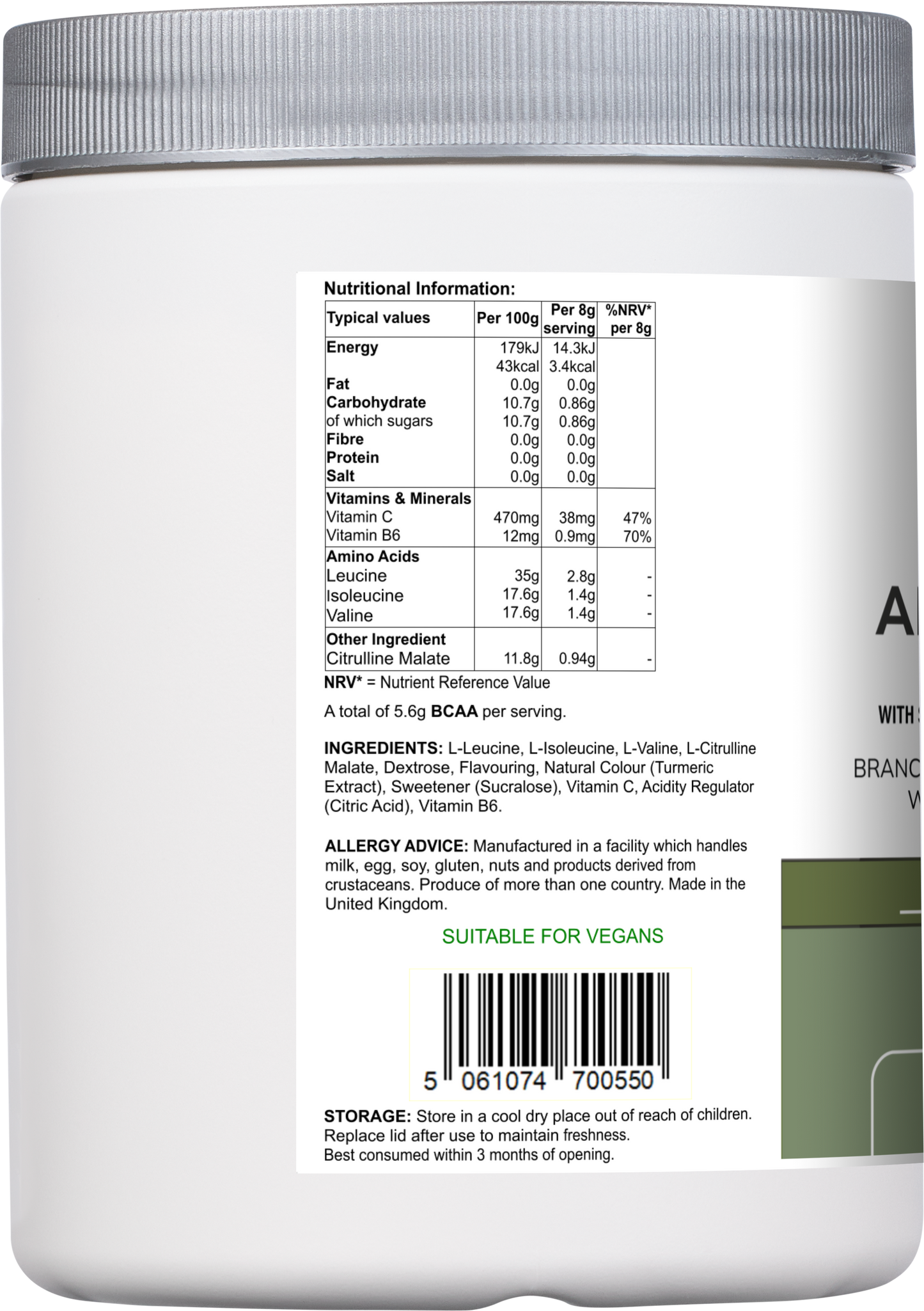 Vitadefence® Amino Acid Multi | Lemon & Lime Flavour with Citrulline Malate, BCAAs & Vitamins – 300 g