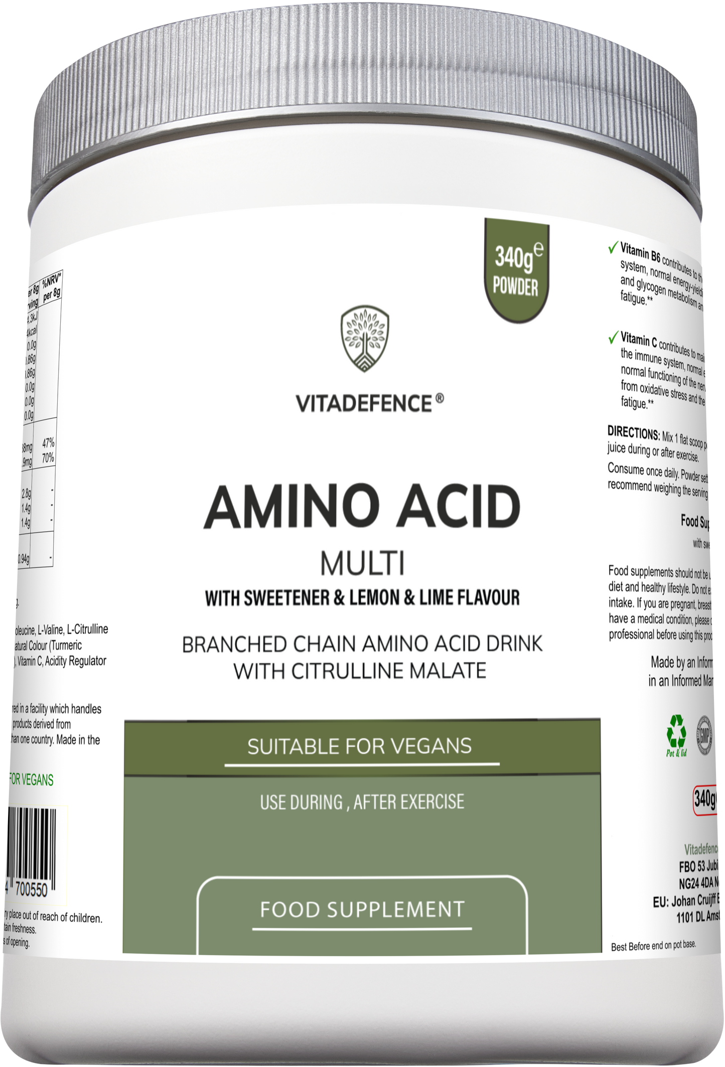 Vitadefence® Amino Acid Multi | Lemon & Lime Flavour with Citrulline Malate, BCAAs & Vitamins – 300 g