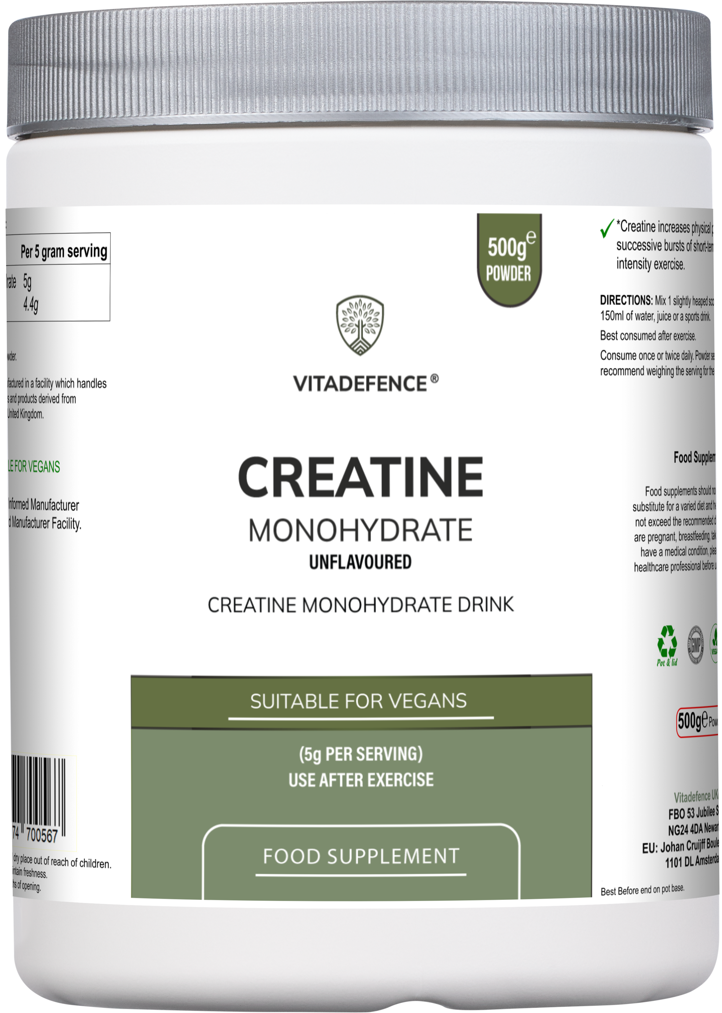 Vitadefence® Creatine Monohydrate | Pure Unflavoured Creatine Powder – 500 g