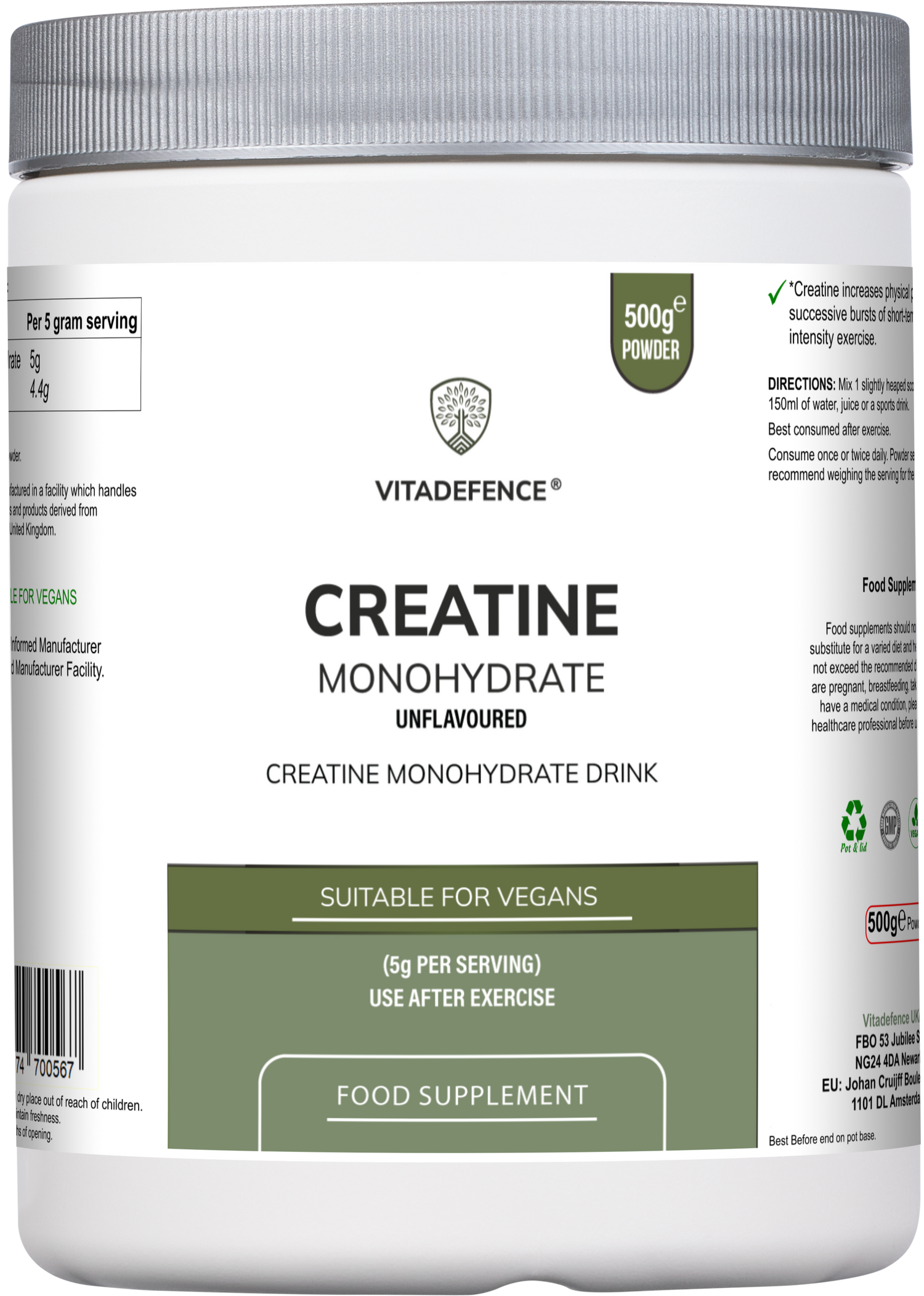 Vitadefence® Creatine Monohydrate | Pure Unflavoured Creatine Powder – 500 g